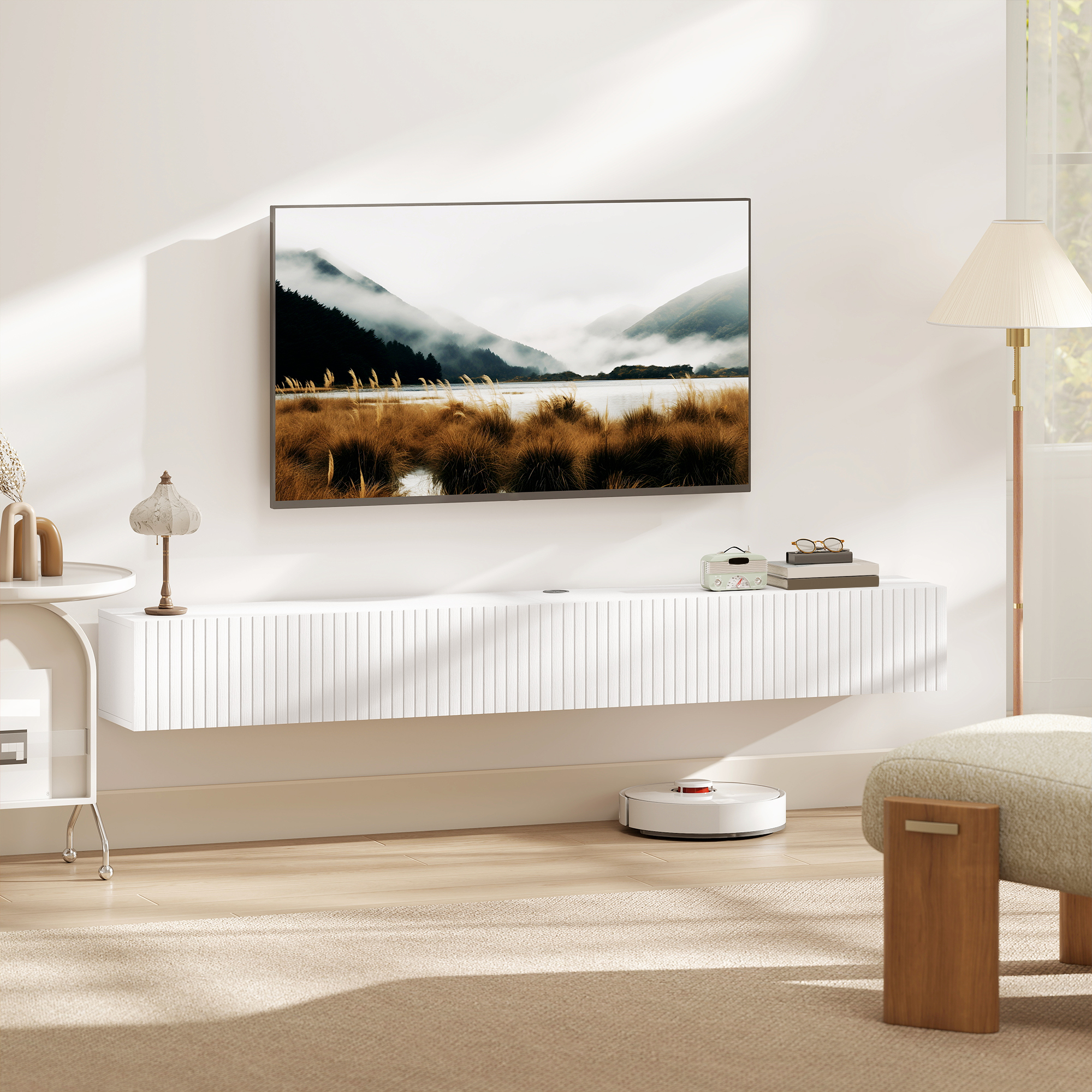HOMCOM 71" Floating TV Stand for TVs up to 72 Inch, Wall Mount Media Console with 2 Fluted Flip-Down Doors, Cable Hole, White Aosom Canada