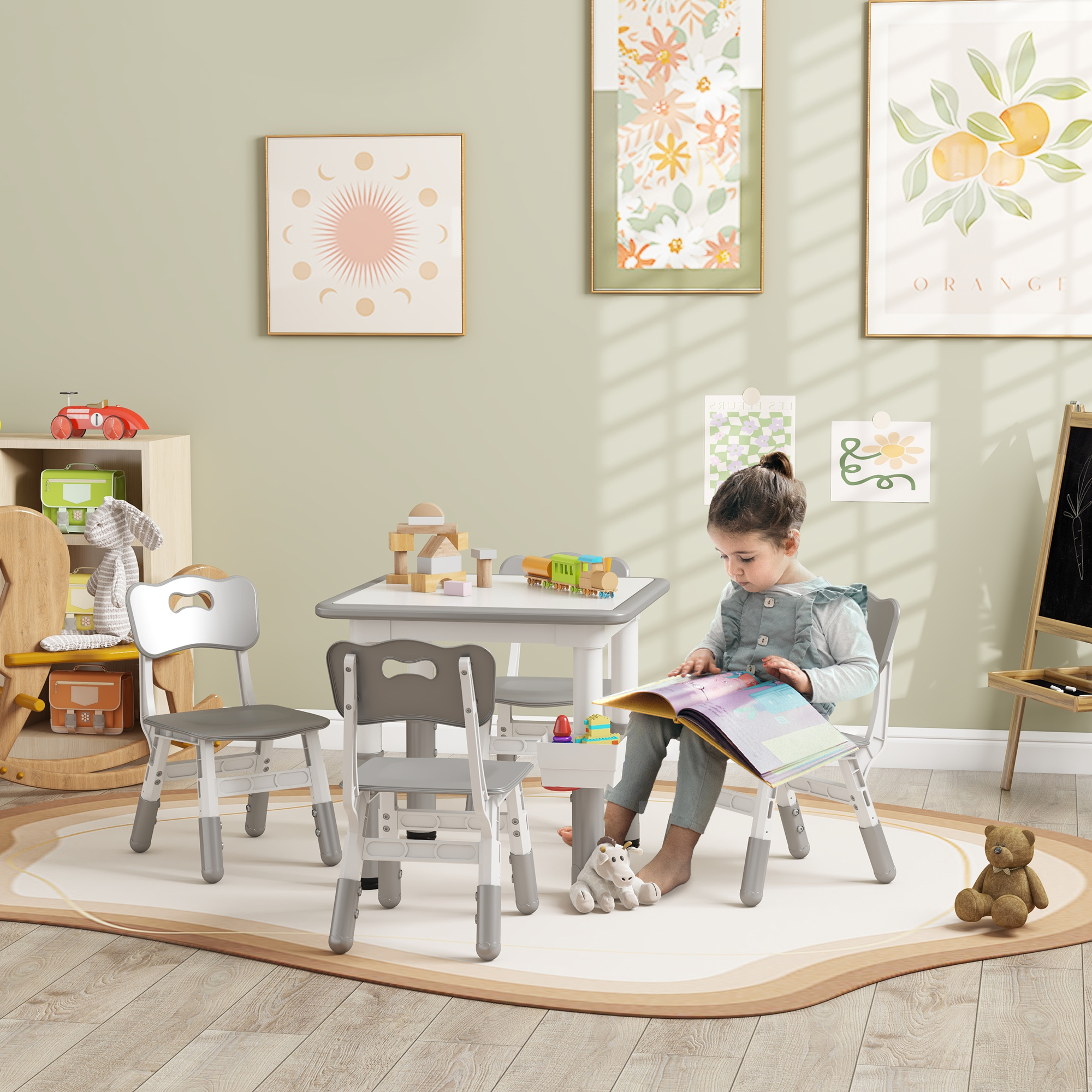 Qaba 5 Piece Toddler Table Chair Set Height Adjustable Activity Set Nursery Classroom Playroom Furniture Grey Aosom Canada