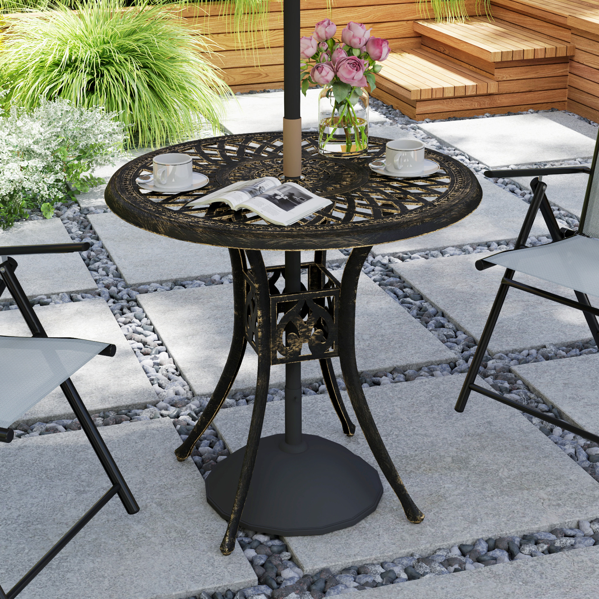 Outsunny 30-inch Round Patio Dining Table with Umbrella Hole Cast Aluminium Outdoor Bistro Table, Brown Aosom Canada