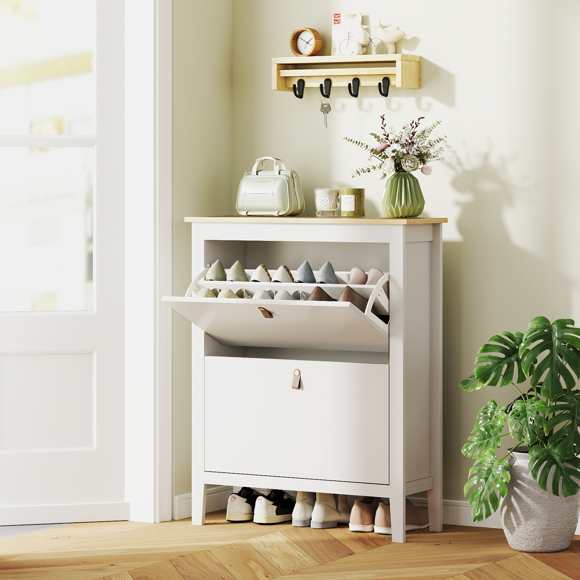 HOMCOM Narrow Shoe Cabinet with 2 Flip Drawers, Adjustable Shelves for Entryway, Holds 10-14 Pairs, White Aosom Canada