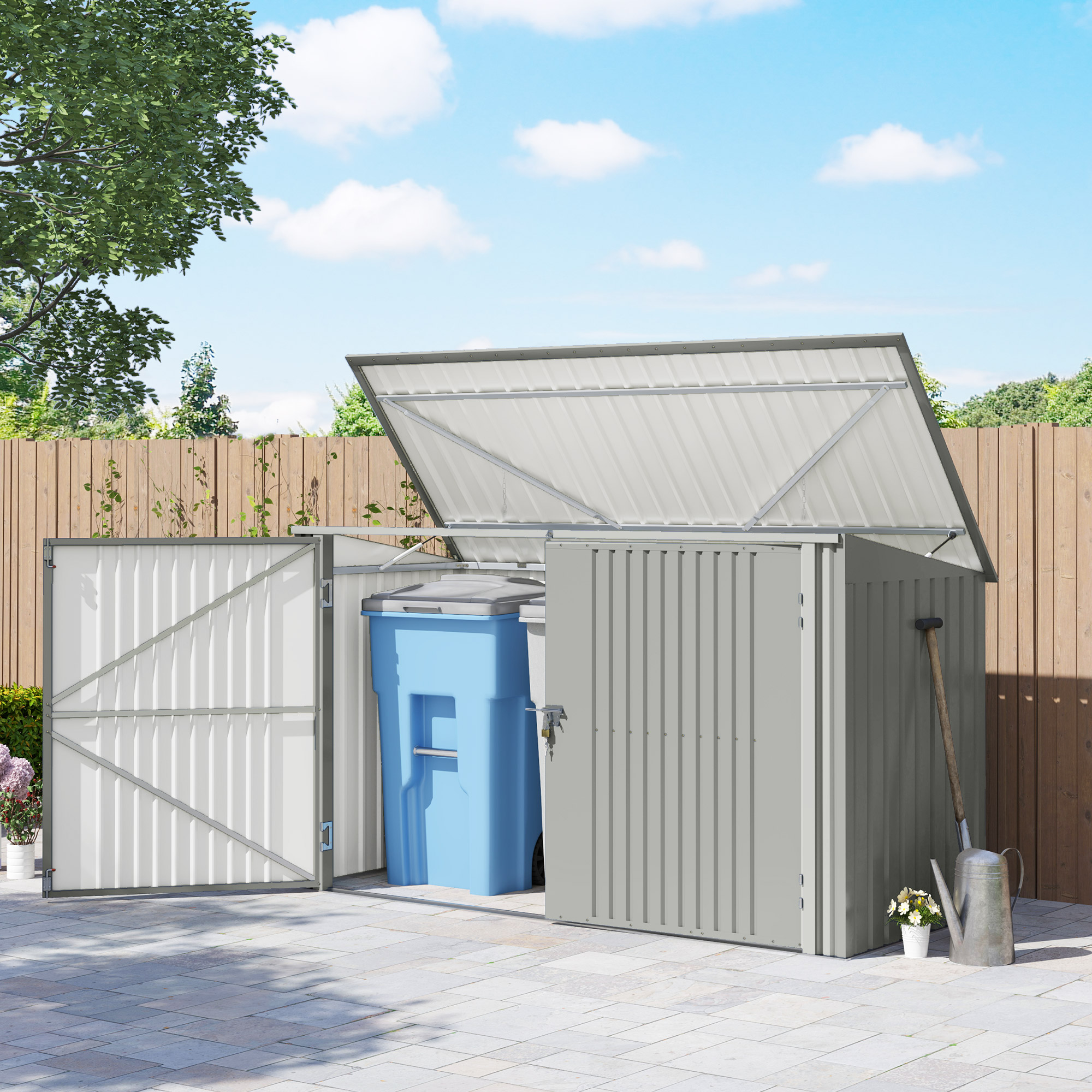 Outsunny 7.6 x 3.4ft Outdoor Storage Shed, 3 Garbage Bin Shed Organizer with Lockable Double Doors, Openable Lid, Silver Grey Aosom Canada