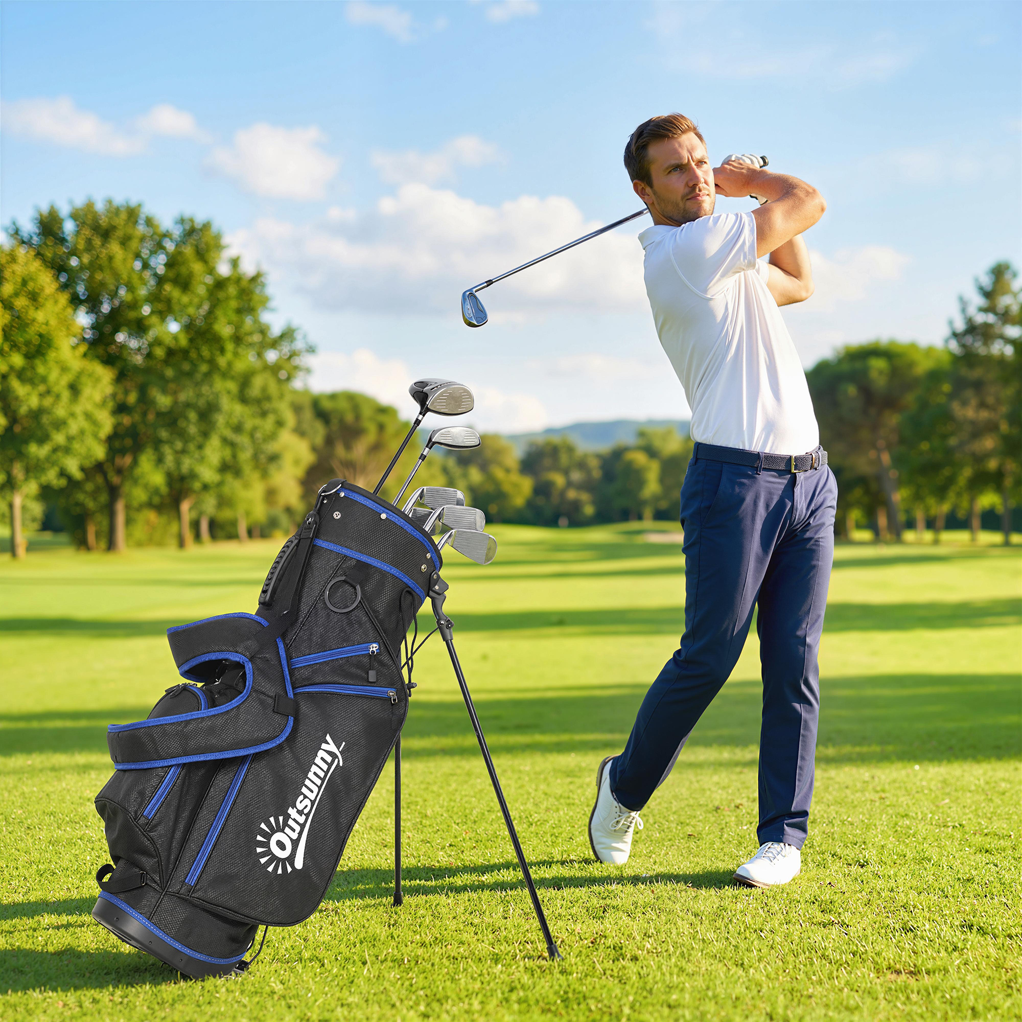 Outsunny Ultra-Lightweight Golf Stand Bag with 6-Way Dividers and Cooler Pocket, All-Weather Men's Golf Bag, Blue | Aosom Canada