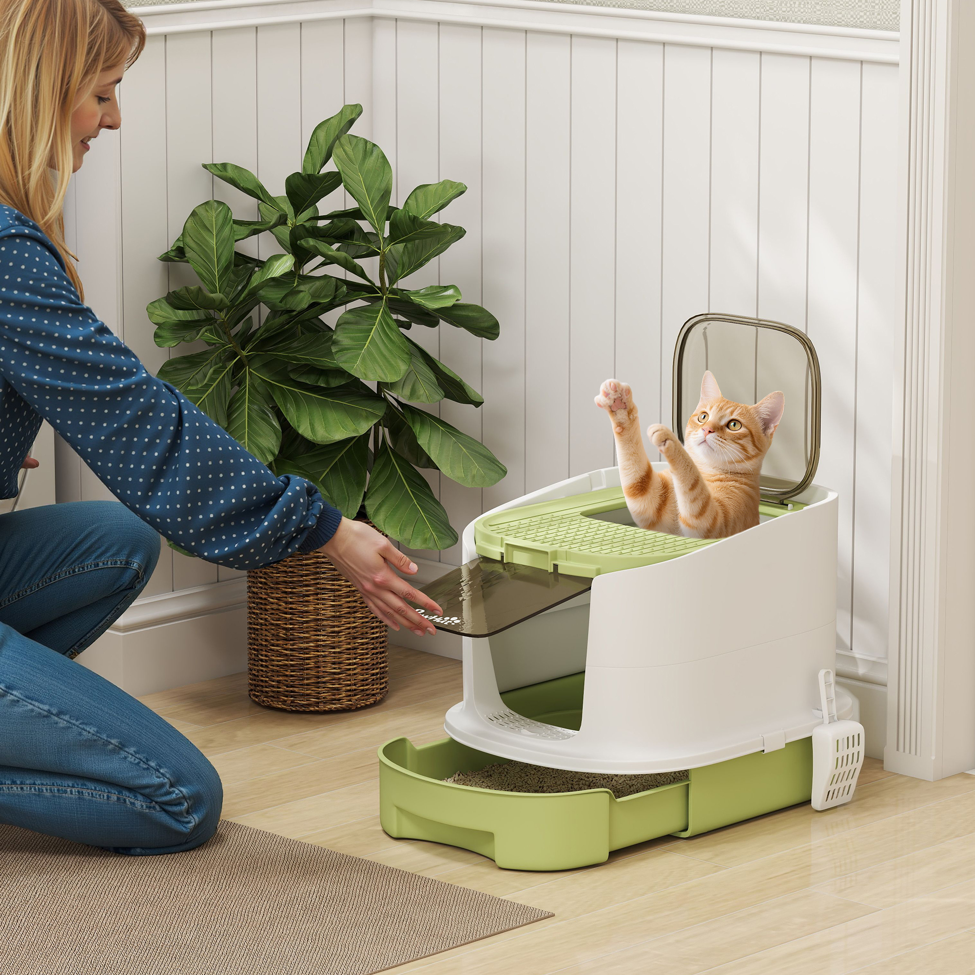 PawHut Enclosed Cat Litter Box with Lid, Scoop, Top Entry, Deodorization Bags, Drawer Type Cat Litter Tray, Easy to Clean, Green Aosom Canada
