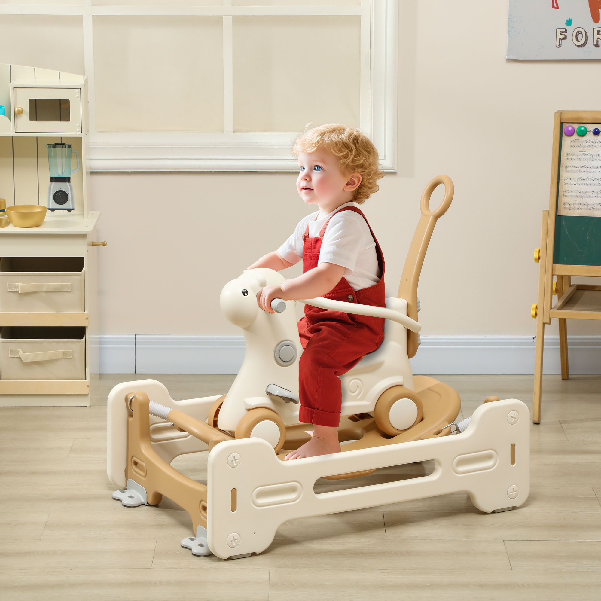 Qaba 5 in 1 Kids Rocking Horse with Detachable Base, Safety Guardrails, Footrests, Push Handle for Ages 1-6, Brown Aosom Canada