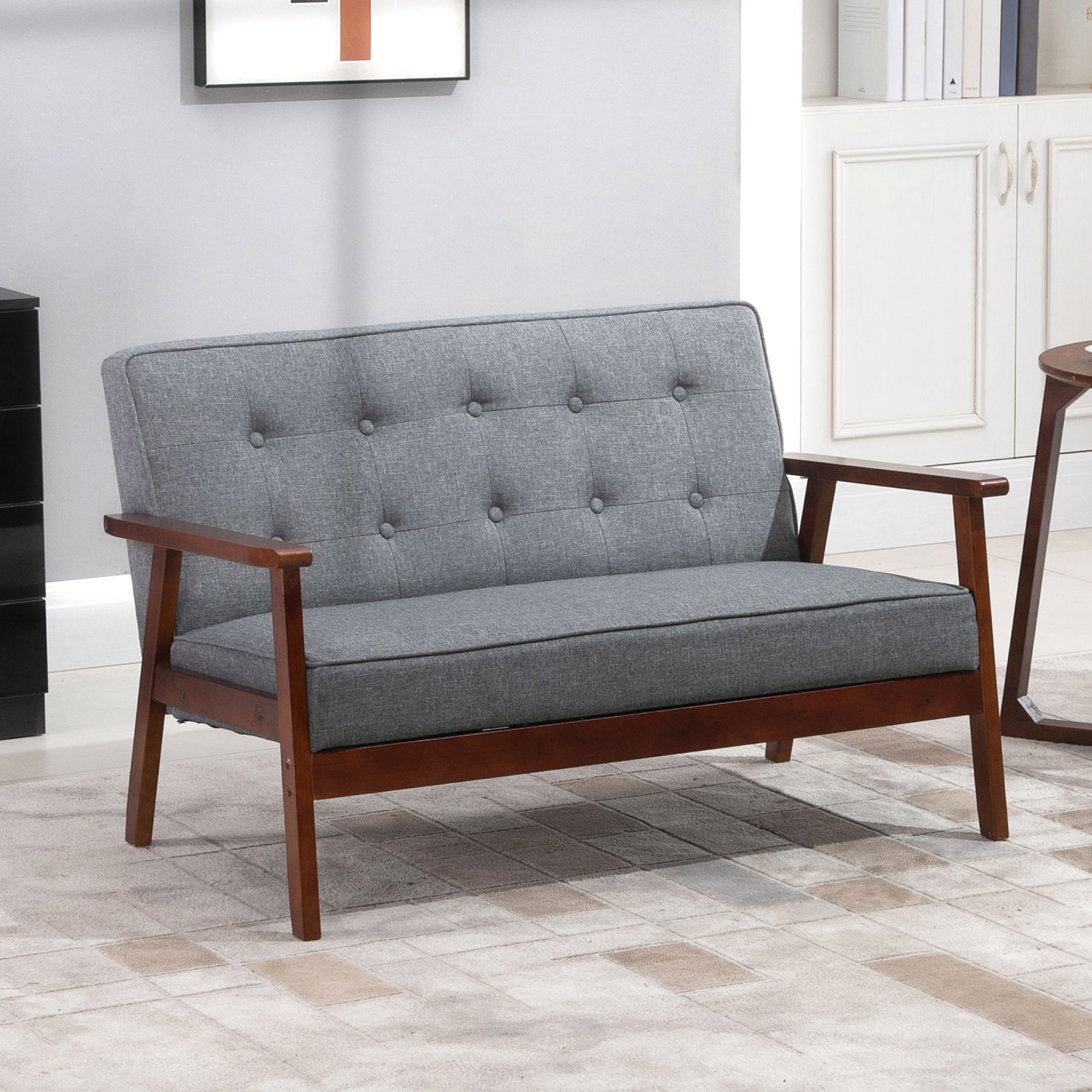 HOMCOM 45" 2 Seat Sofa for Bedroom, Modern Upholstered Loveseat with Button Tufted Back and Wood Legs, Grey Aosom Canada