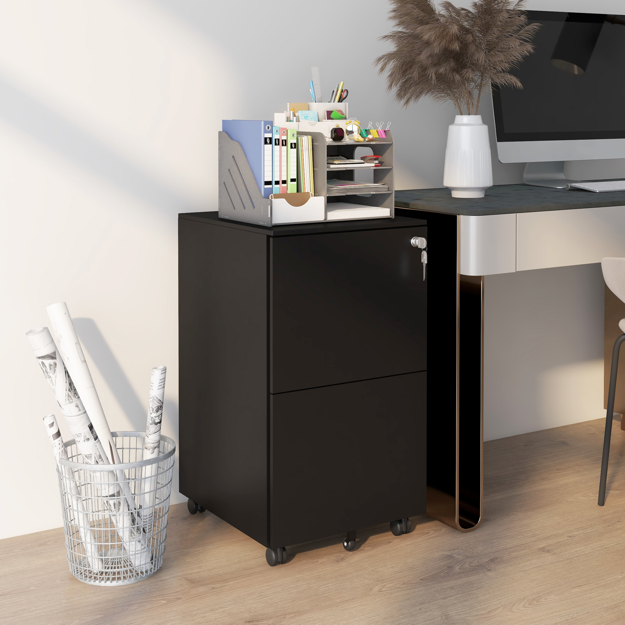 Vinsetto Mobile File Tower: 2-Drawer Steel Cabinet on Wheels with Adjustable Bar for A4 Document Storage Solutions, Black Aosom Canada