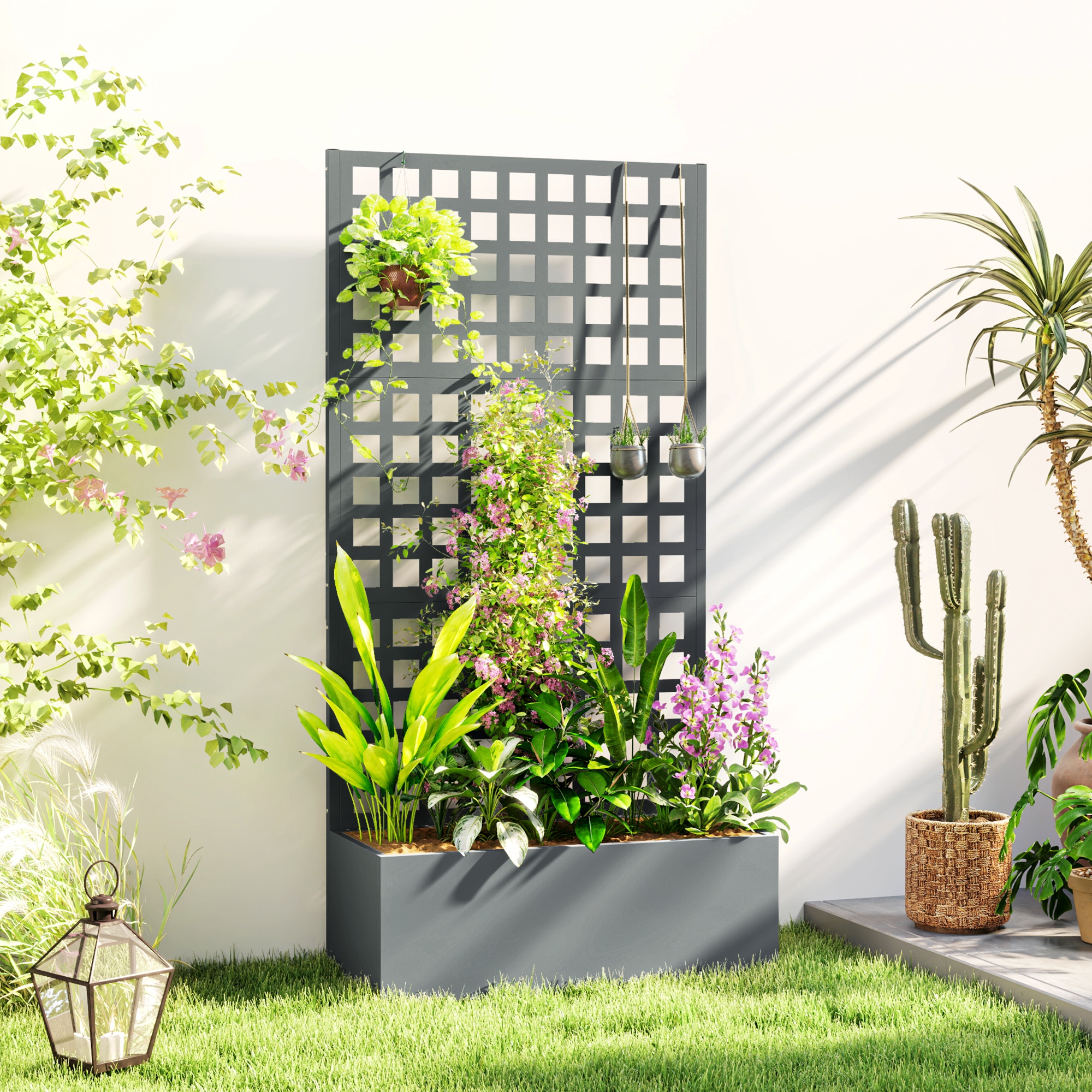 Outsunny Galvanized Raised Garden Bed Planter Box with Trellis for Climbing Plant, Vegetable, Vine, 35"x16"x70" Grey Wood Effect Aosom Canada