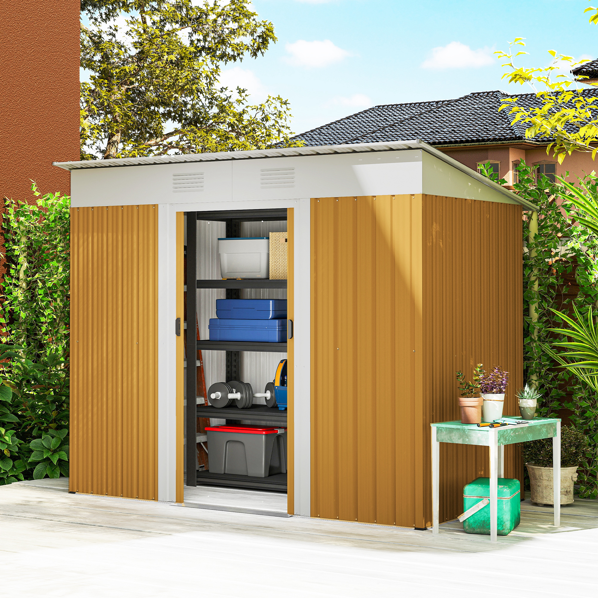 Outsunny 7' x 4' Outdoor Storage Shed, Metal Garden Tool Storage House Organizer with Lockable Sliding Doors and Vents for Backyard Patio Lawn, Yellow Aosom Canada