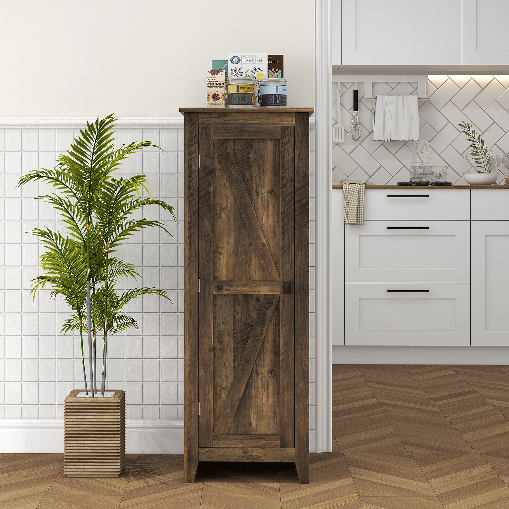 HOMCOM 48" Farmhouse Kitchen Pantry Storage Cabinet with Barn Door, Kitchen Pantry Cabinet with Adjustable Shelves, Brown Aosom Canada