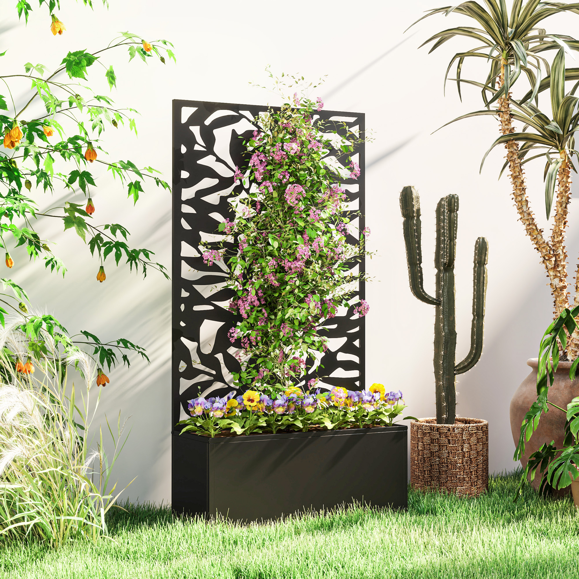 Outsunny Raised Garden Bed with Trellis, Outdoor Privacy Screen with Planter Box, 24" x 9.1" x 44.5", Black Aosom Canada