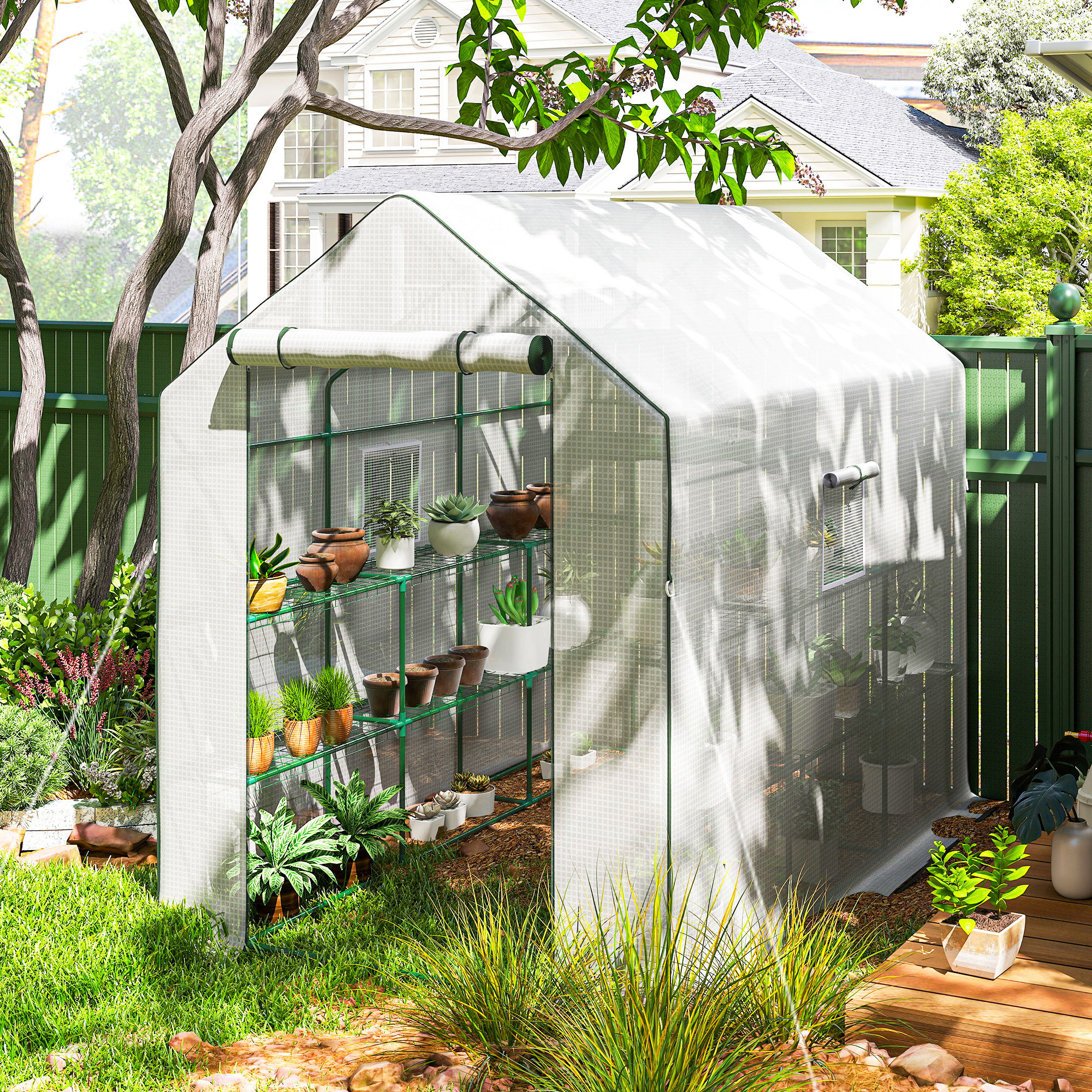Outsunny Walk-in Greenhouse with 3 Tier, Garden Plant Growhouse with Roll-up Door and Mesh Windows, 140 x 213 x 190 cm, White Aosom Canada