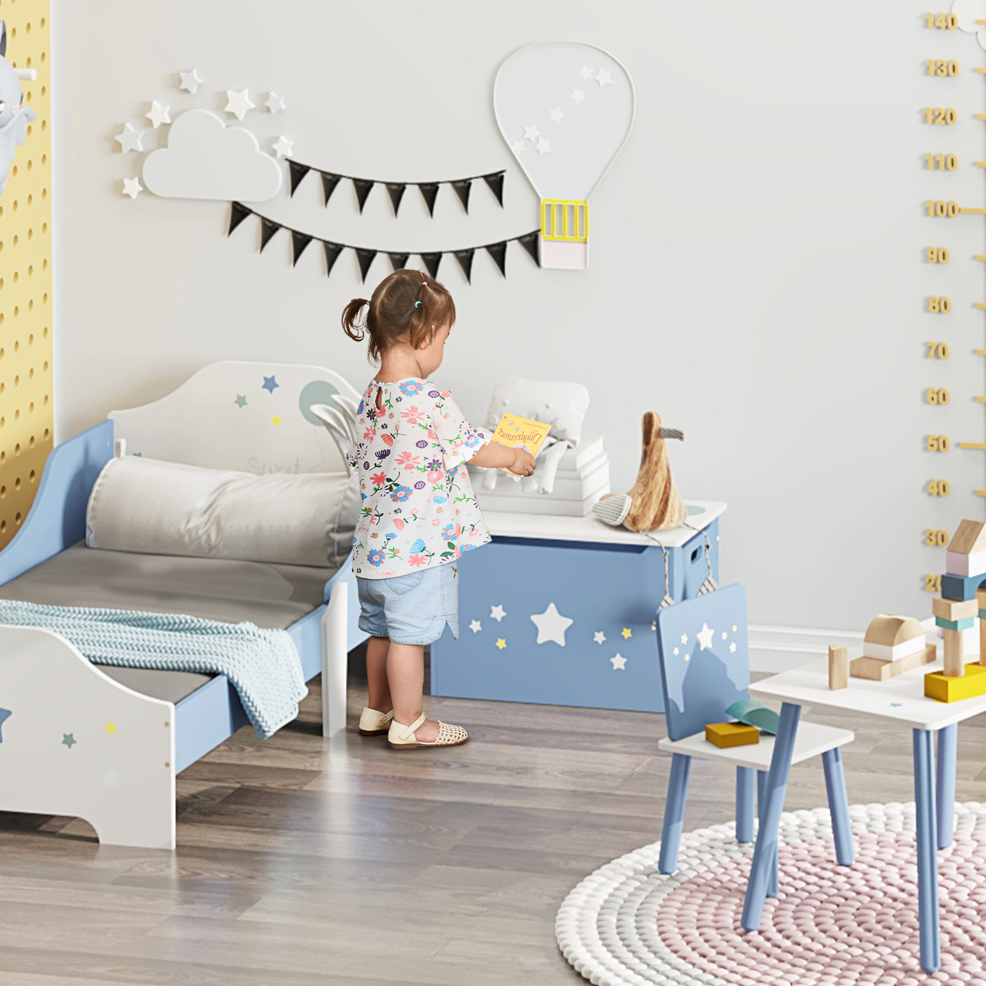 Qaba Wooden Toy Storage Box Organizer Chest with Seating Bench and Gas Stay Bar for Kids Room Blue Aosom Canada