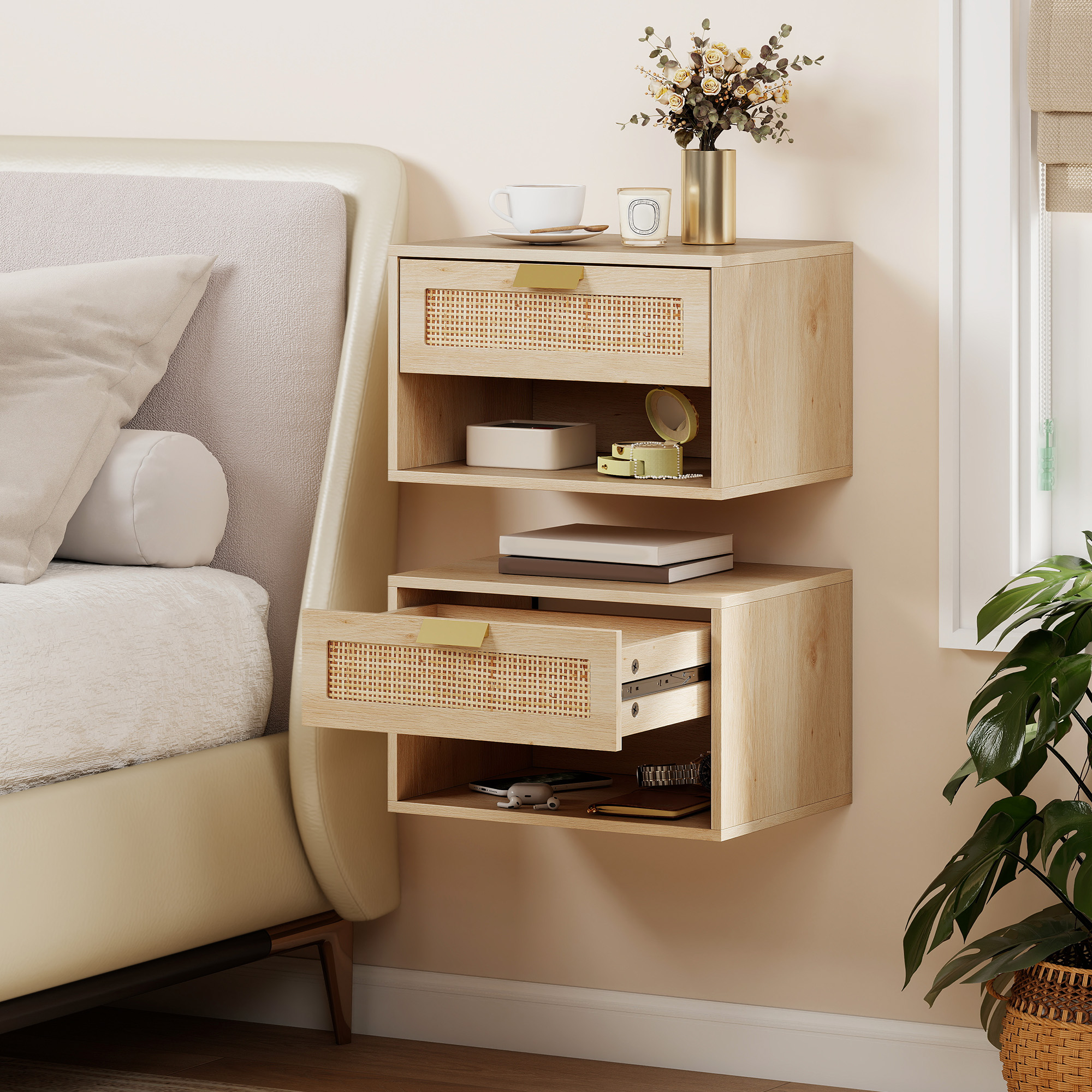 HOMCOM Floating Bedside Table Set of 2, Wall Mount Nordic Nightstands with Storage Drawer and Open Shelf for Bedroom, Oak Aosom Canada