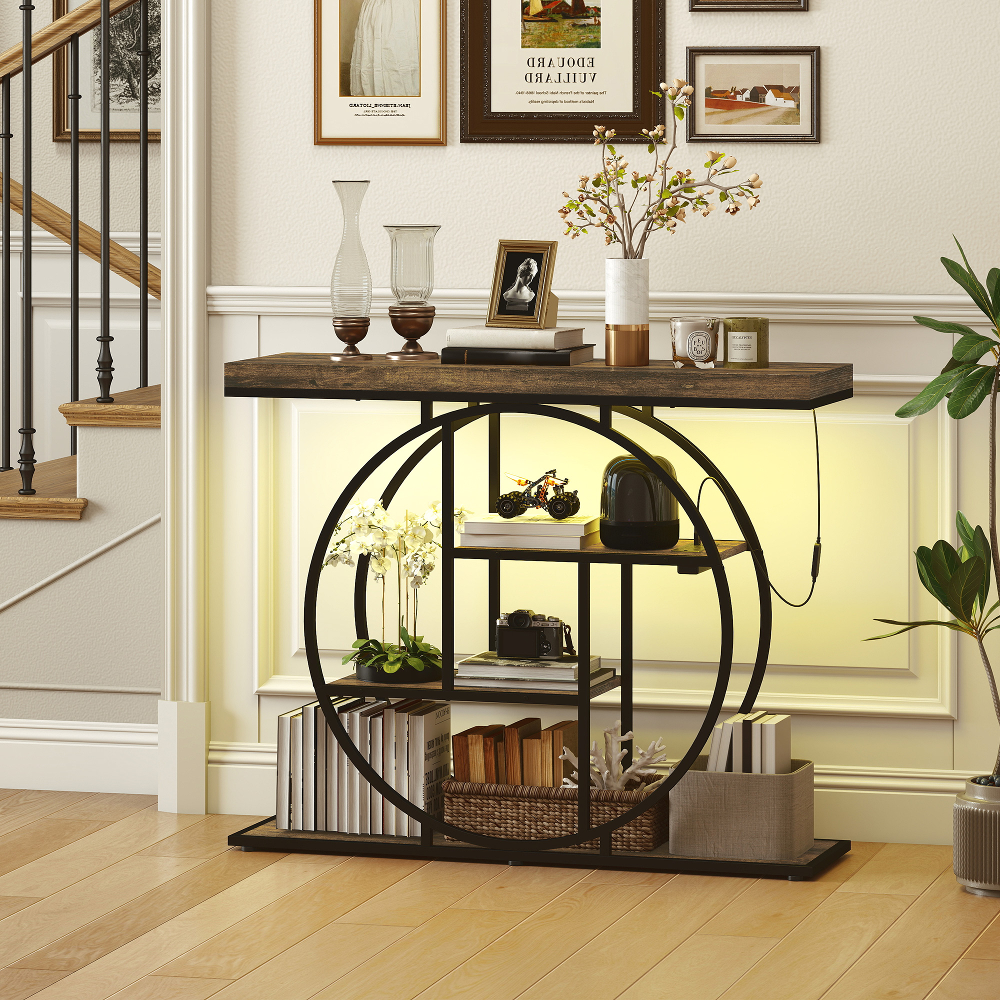 HOMCOM 4-Tier Entryway Table with Charging Station LED Lights 39" Console Table with Circle Base for Living Room, Rustic Brown Aosom Canada