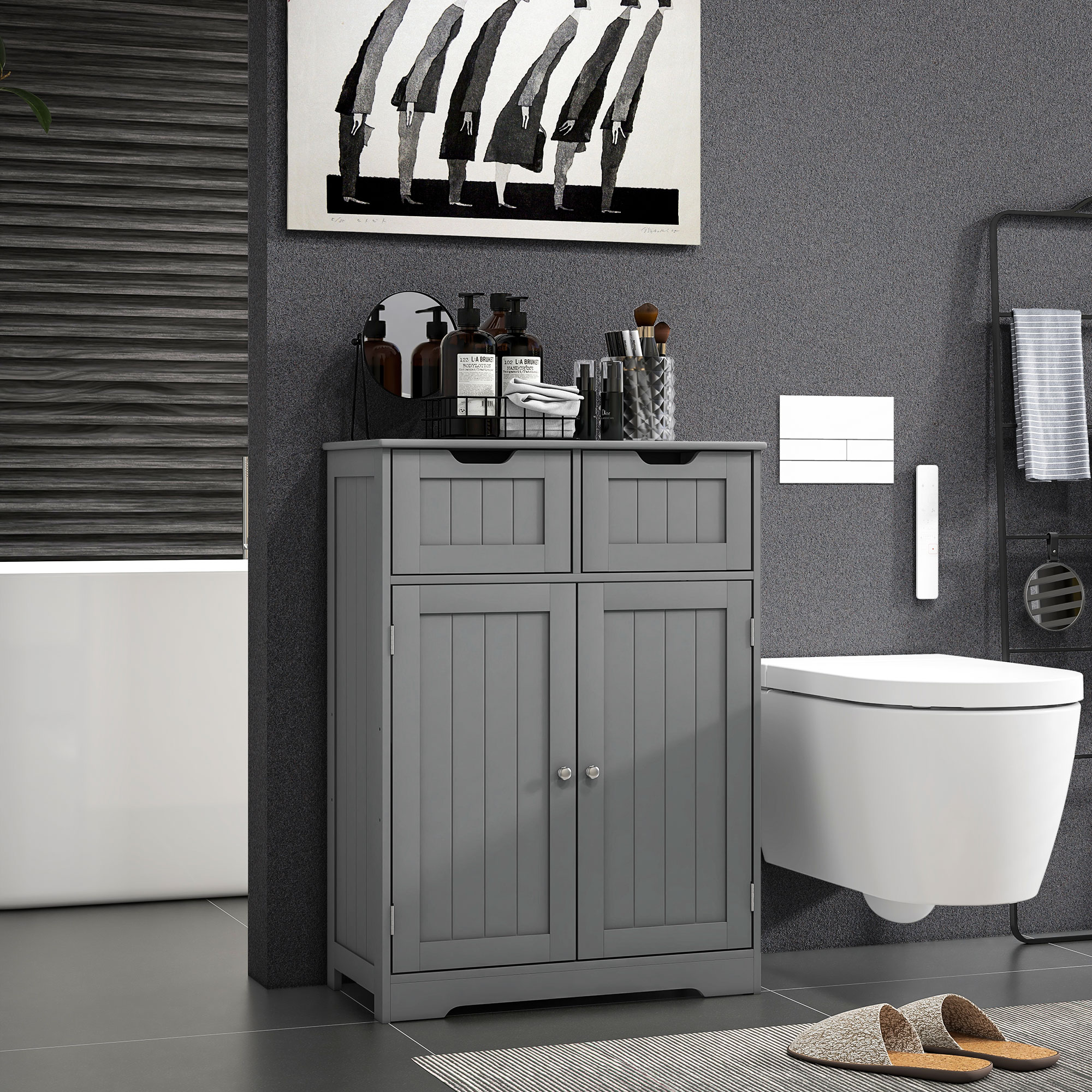 kleankin Bathroom Storage Tower with 2 Drawers Adjustable Shelf Living Room Entryway Furniture Grey Aosom Canada