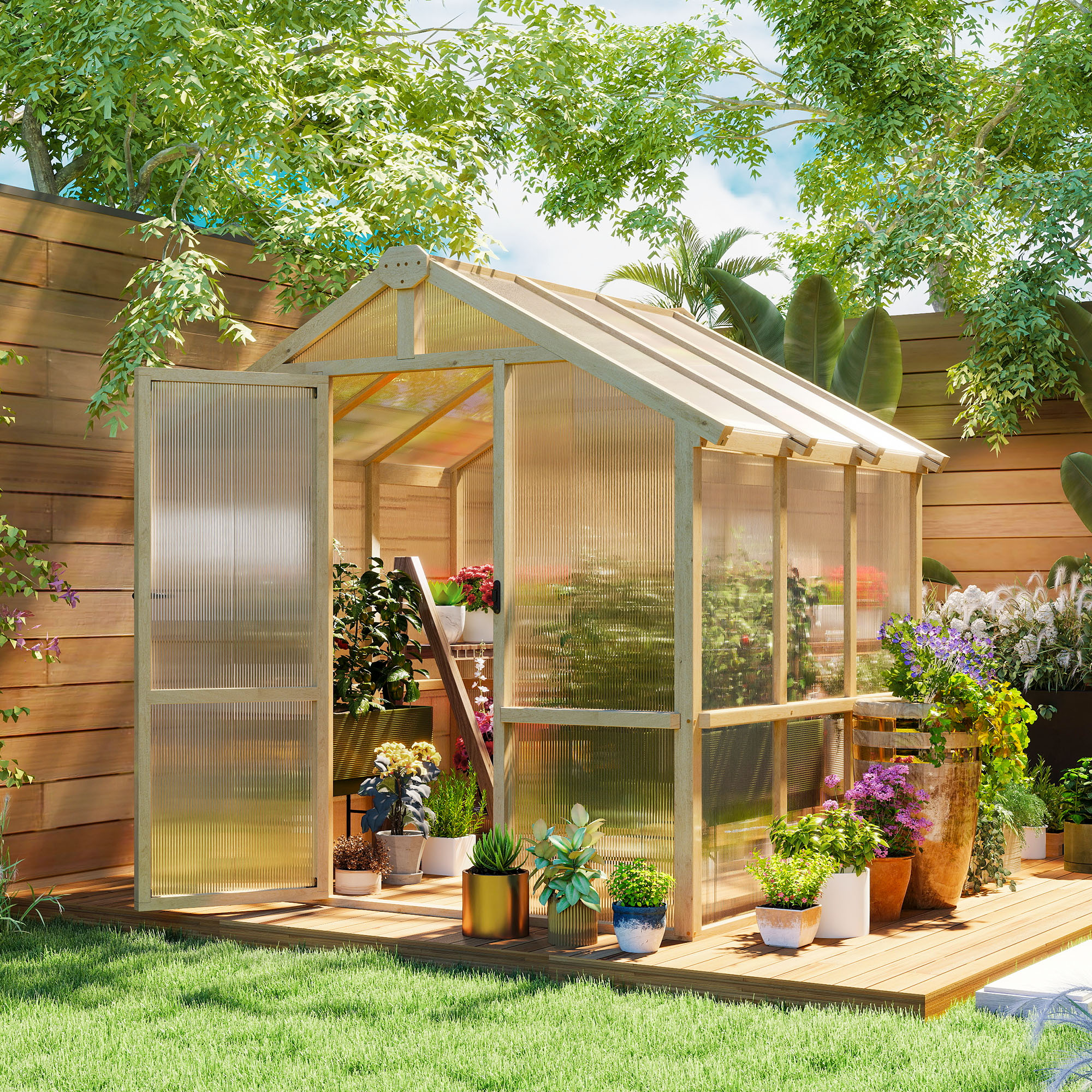 Outsunny 6.6 x 6ft Polycarbonate Greenhouse Wooden Green House with Thickened Polycarbonate Sheets, Lockable Door, Brown Aosom Canada