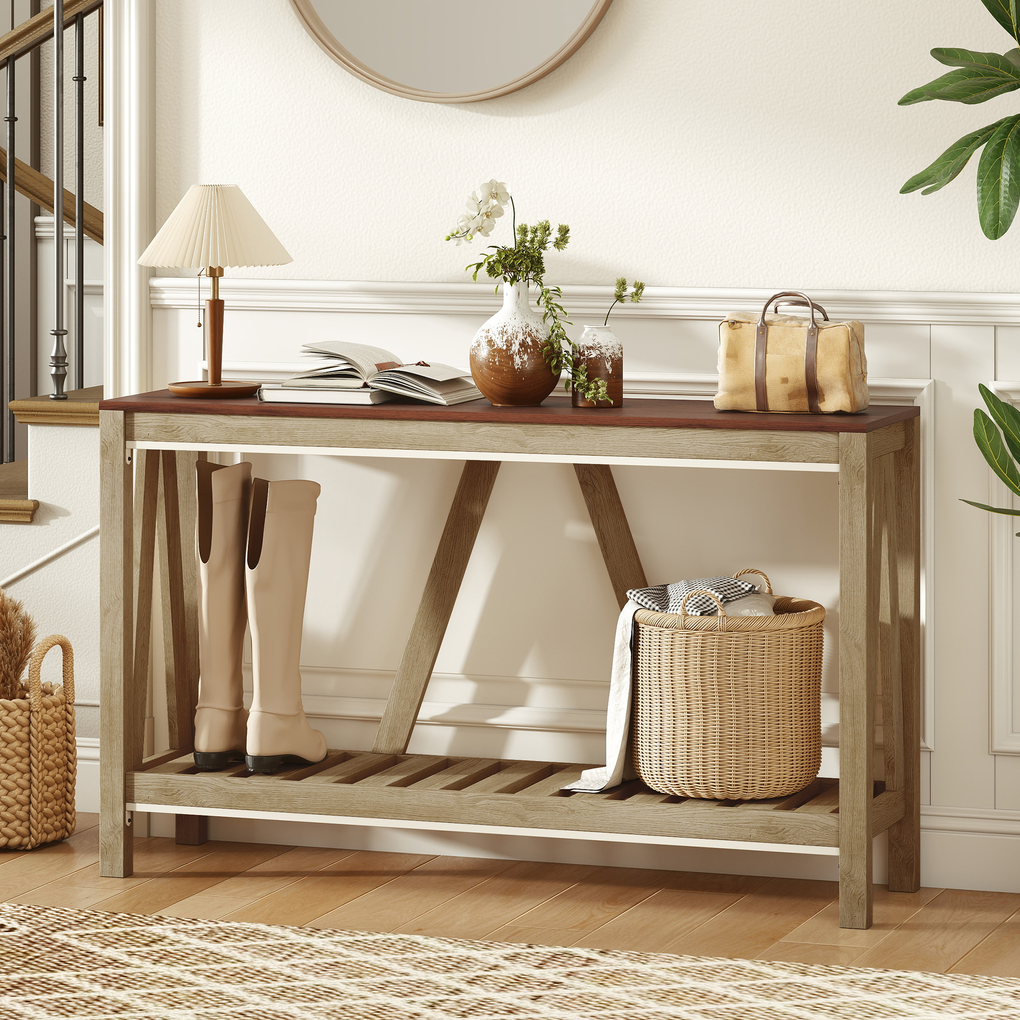 HOMCOM Farmhouse Console Table: Rustic Sofa Table with Storage Shelf & Anti-Tipping Design, Living Room/Bedroom/Entryway, Oak Aosom Canada