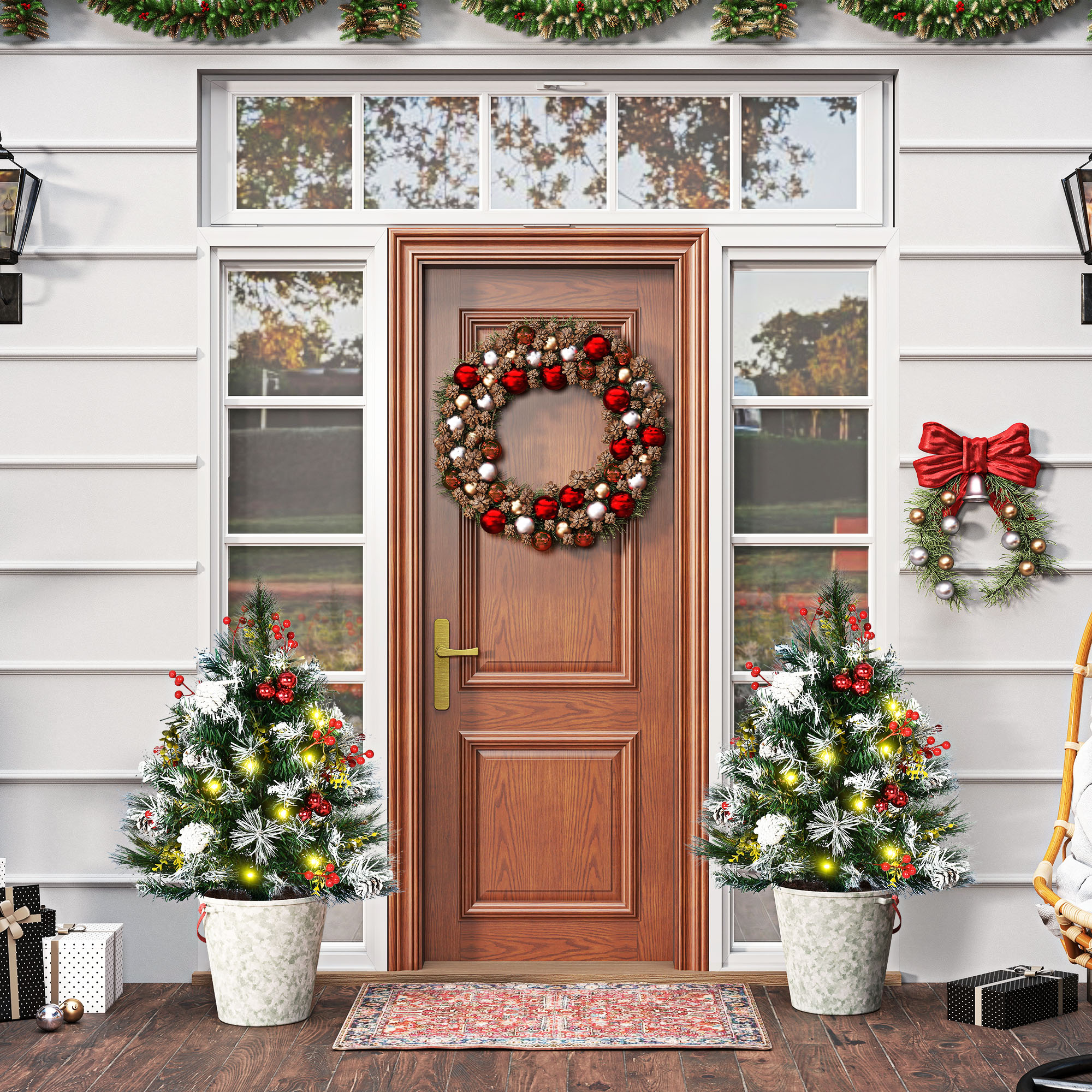 HOMCOM 2ft Pre-Lit Artificial Christmas Trees (2 Pack), Cordless, 70 Branches, Warm White LED Lights, Red Berries Aosom Canada