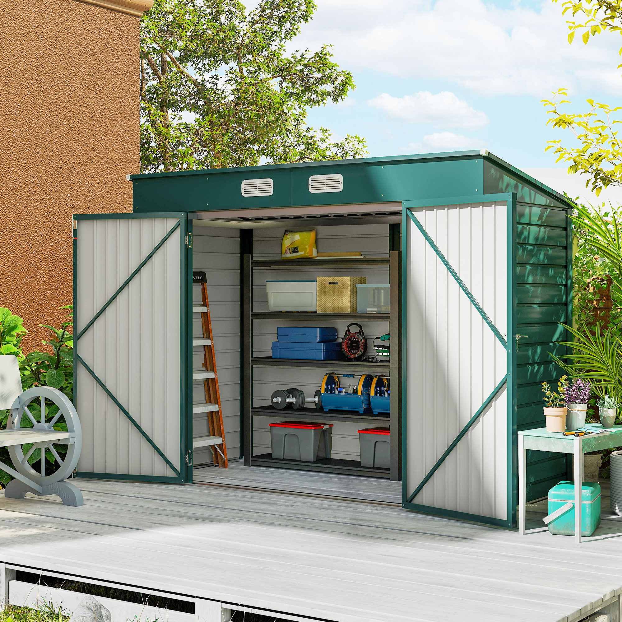 Outsunny 8 x 4FT Galvanized Garden Storage Shed, Metal Outdoor Shed with Double Doors and 2 Vents, Green Aosom Canada