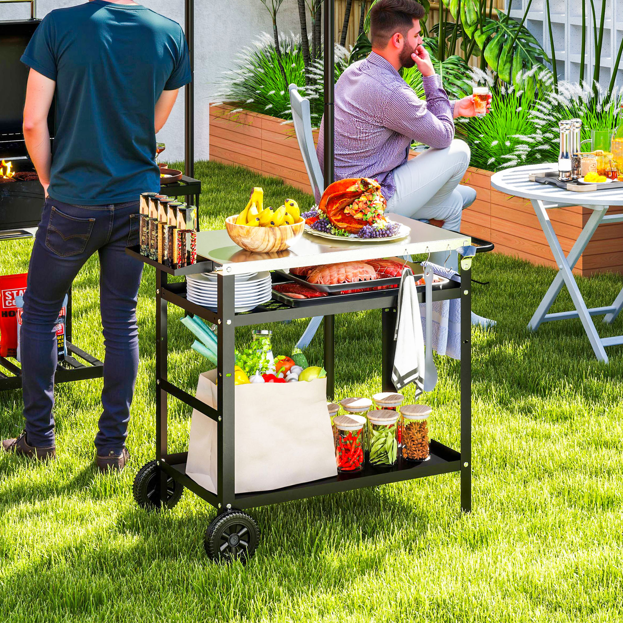 Outsunny BBQ Stand with Stainless Steel Top Adjustable Shelf, Outdoor BBQ Station with Hooks Seasoning Tray Towel Rack | Aosom Canada
