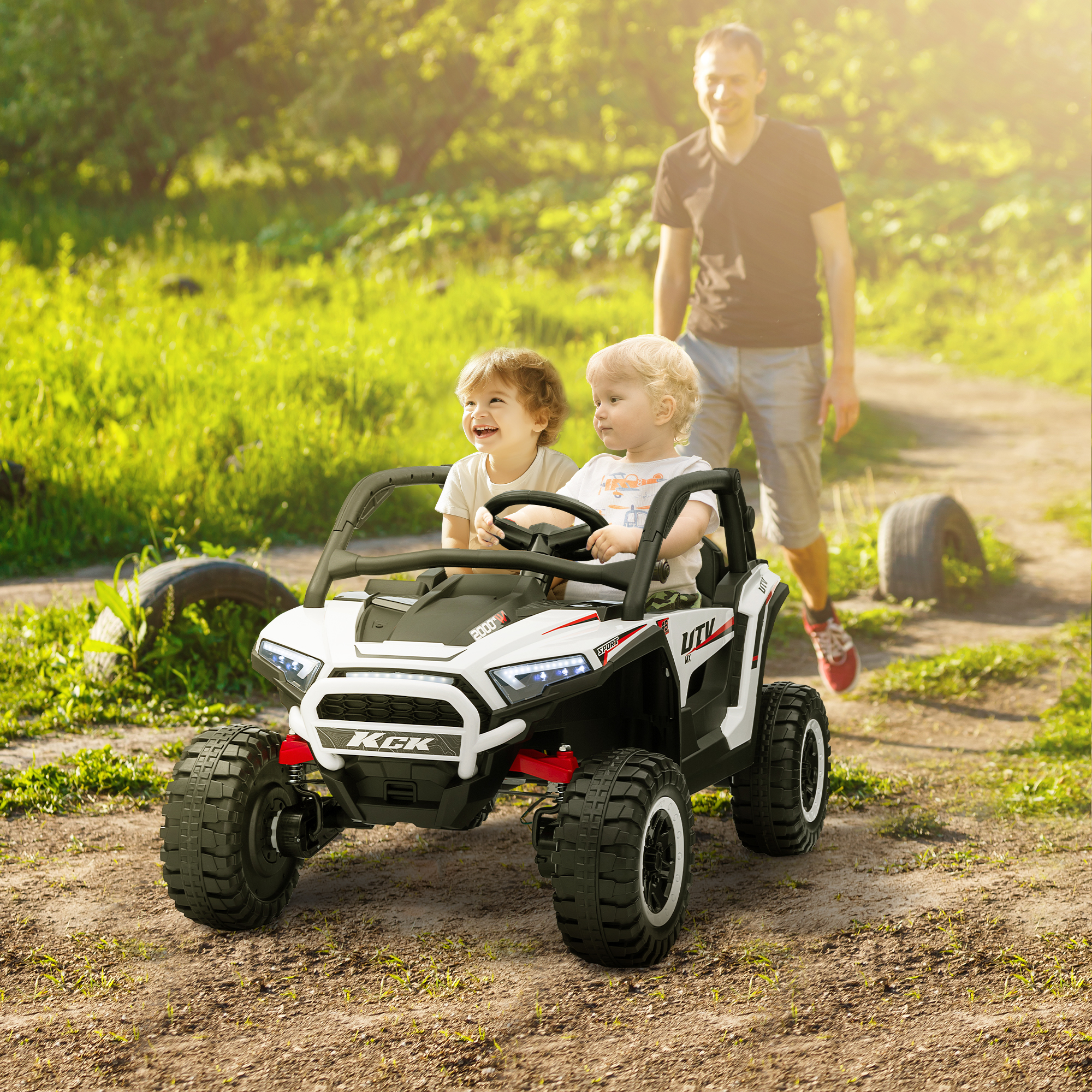 Qaba 24V 2 Seater Kids Ride on Truck, Electric Car Spring Suspension, Remote Lights, Horn, Music, White Aosom Canada