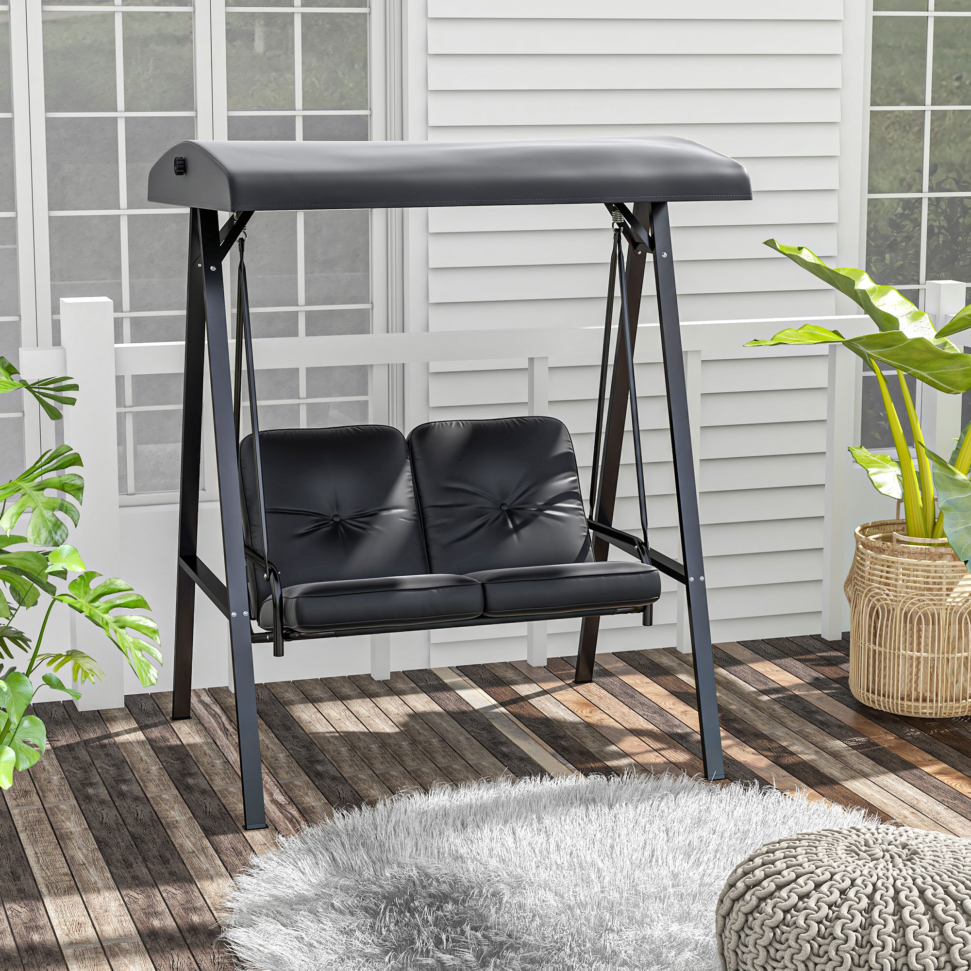 Outsunny Outdoor Porch Swing 2-Seater with Adjustable Canopy, Comfortable Patio Swing Chair for Garden, Poolside, Backyard in Black Aosom Canada