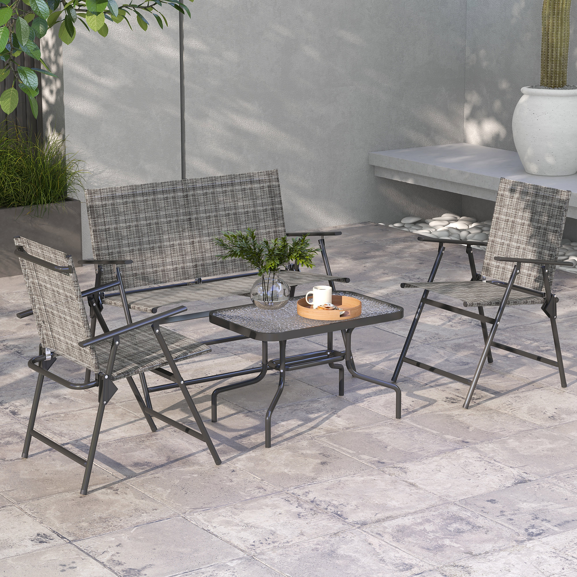 Outsunny Outdoor 4 Pieces Patio Furniture Set, Garden Set with Two Foldable Armchairs, a Loveseat & Glass Top Table, Mixed Grey Aosom Canada