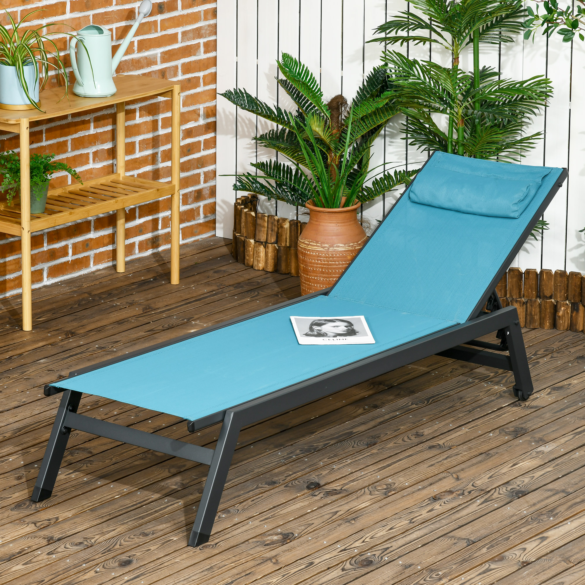 Outsunny Outdoor Lounge Chair, 5-Position Tanning Chair with Wheels, Headrest, Aluminum Frame for Poolside, Beach, Blue Aosom Canada
