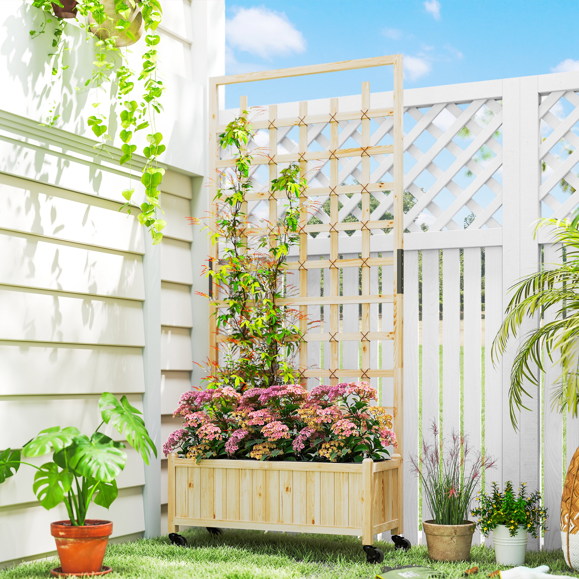 Outsunny Wooden Planter with Trellis, Raised Garden Bed with Wheels, Drainage Holes for Climbing Plants, Flowers, Nature Wood Aosom Canada