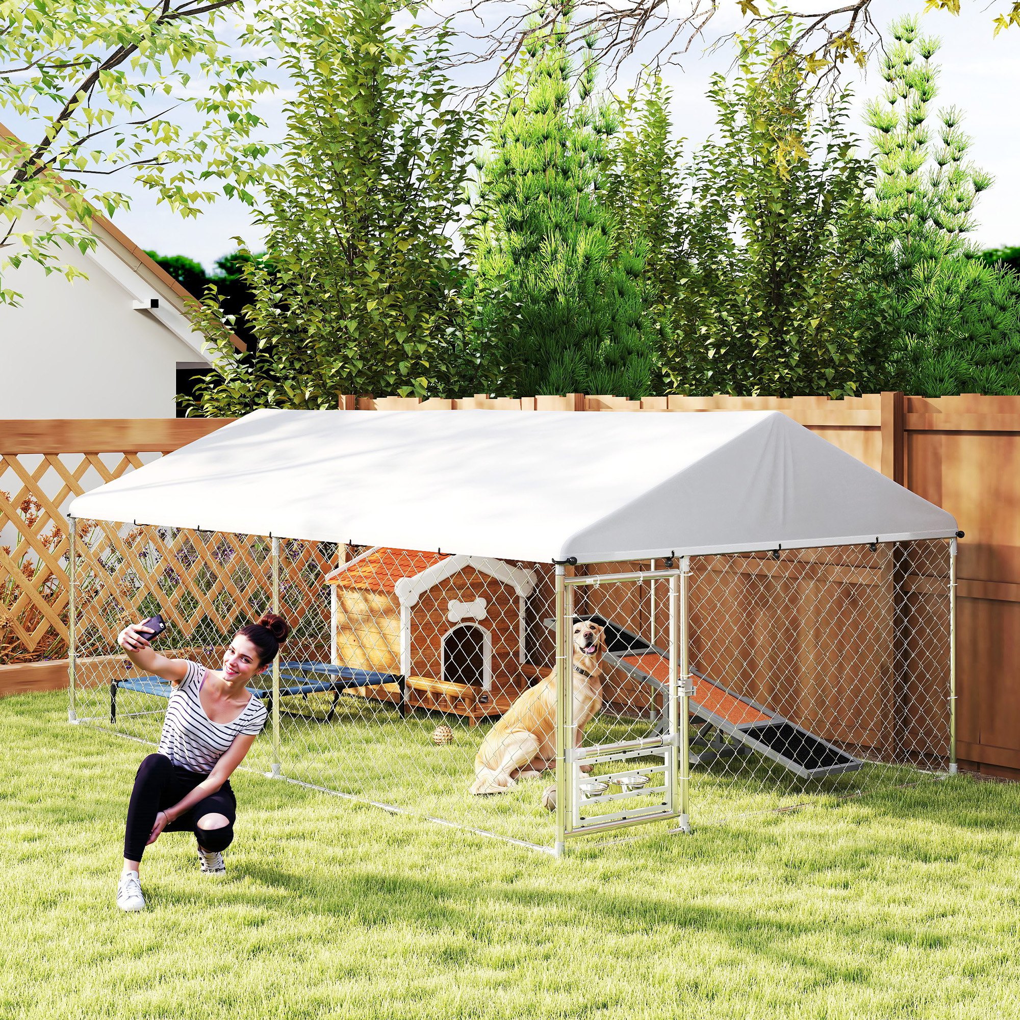 PawHut Outdoor Dog Run w/ Adjustable & Rotating Bowls, Waterproof UV-Resistant Cover, Secure Lock, 13.1' x 7.5' x 5.2' Aosom Canada