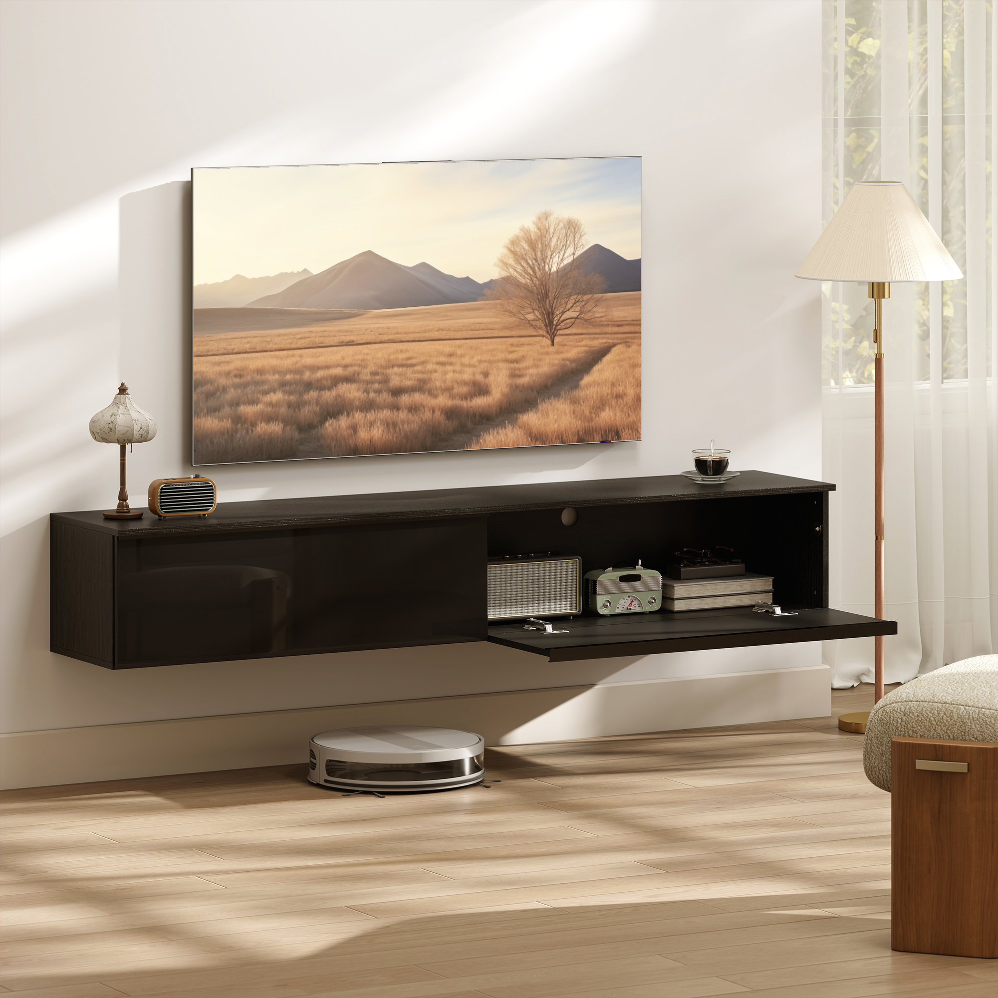 HOMCOM Wall Mounted TV Stand, Floating TV Cabinet with Storage, for TVs up to 70", High Gloss Effect, Black | Aosom Canada