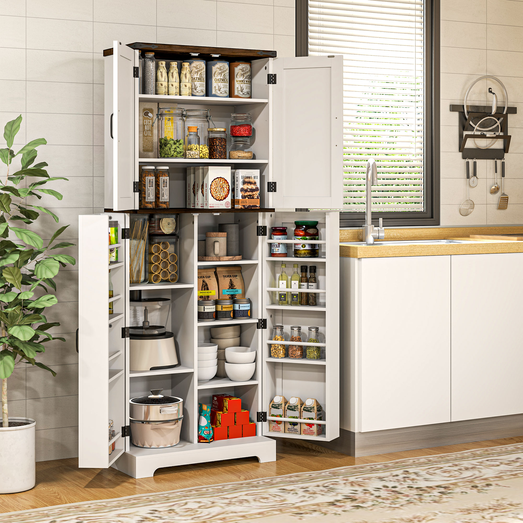 HOMCOM 64" Tall Kitchen Pantry Cabinet with Spice Racks and Adjustable Shelves, White Aosom Canada