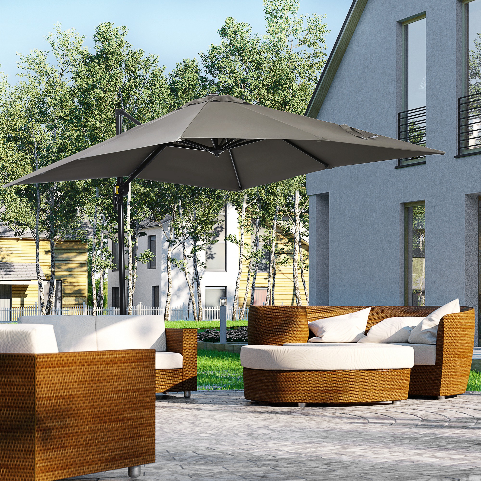 Outsunny 8' x 8' Square Patio Hanging Offset Umbrella with 360° Rotation, Aluminum Outdoor Cantilever Market Parasol, Light Grey Aosom Canada