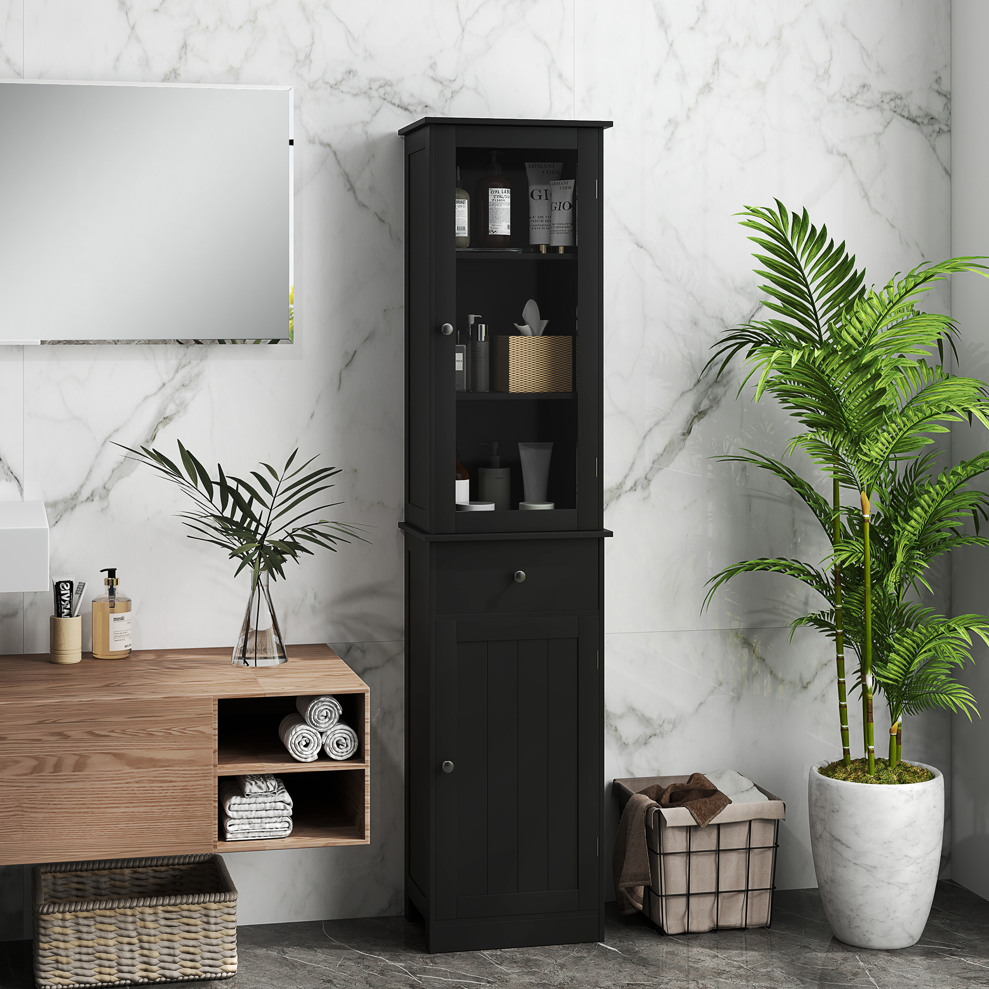 kleankin Tall Bathroom Cabinet, Bathroom Storage Cabinet with Drawers, 2 Doors and Adjustable Shelves, Black Aosom Canada