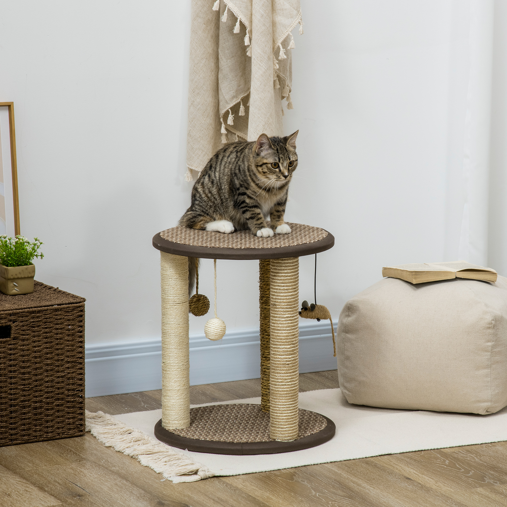 PawHut Petite Playtime: 17" Cat Tree Activity Centre with Hanging Toys, Jute Sisal Seagrass Scratching Post, Brown Bliss Aosom Canada