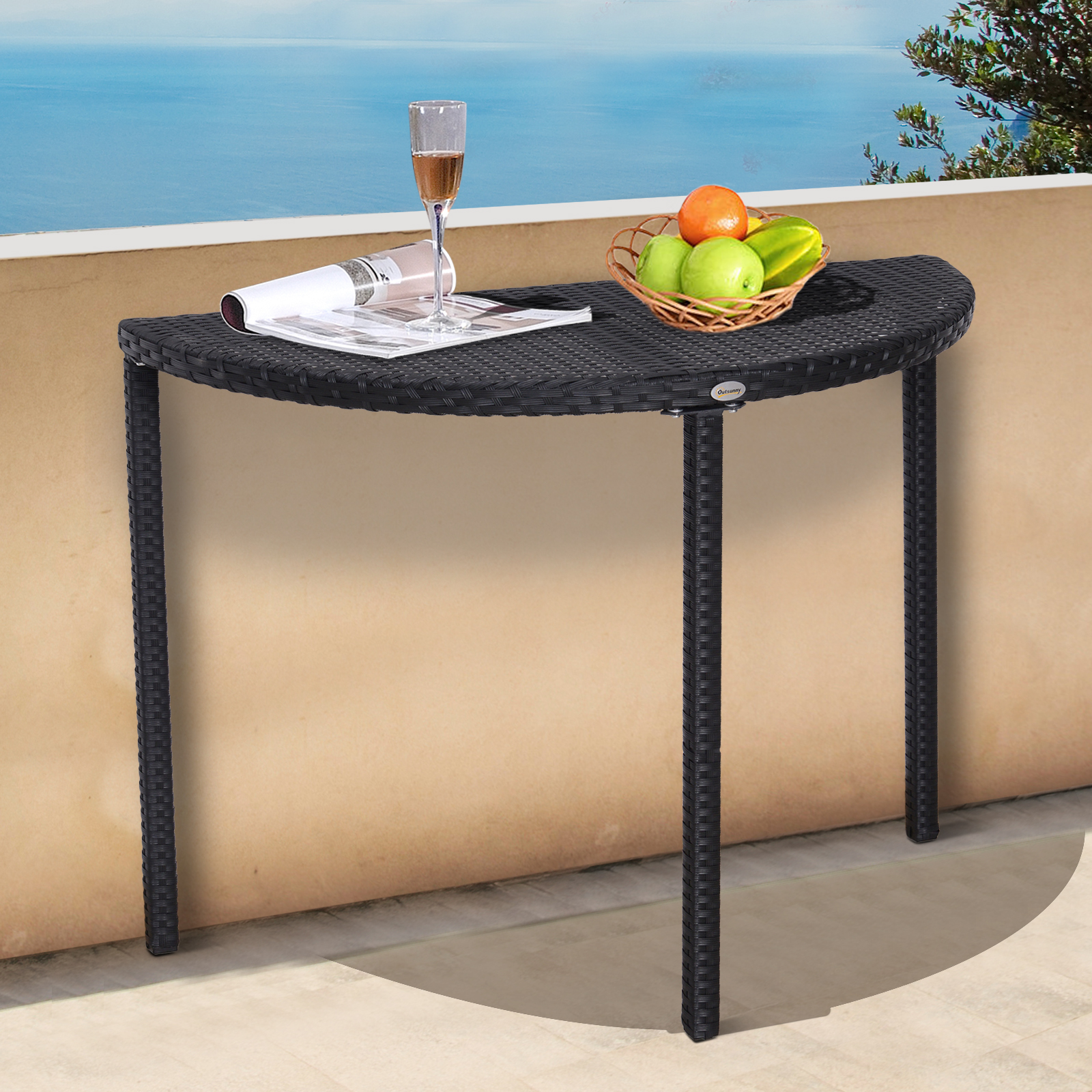 Outsunny Half Round Side Table, PE Rattan Coffee Table with Metal Frame for Patio, Garden, Balcony, Black Aosom Canada
