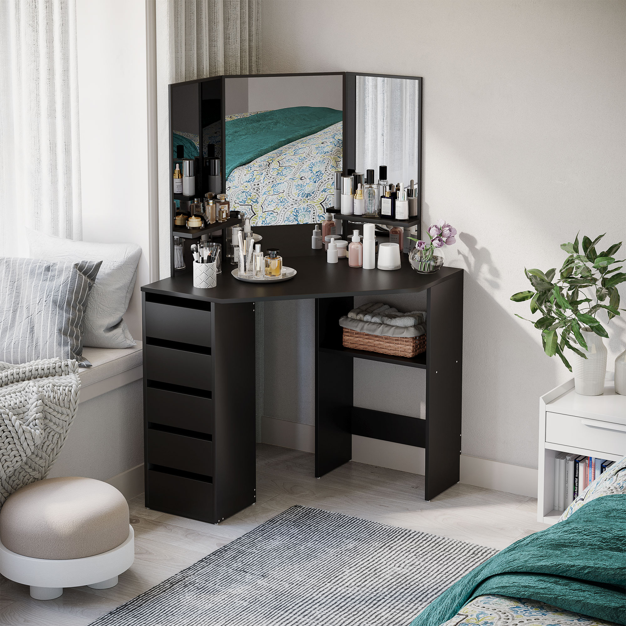 HOMCOM Corner Vanity Table Small Makeup Desk with Drawers and Mirror for Bedroom Black Aosom Canada