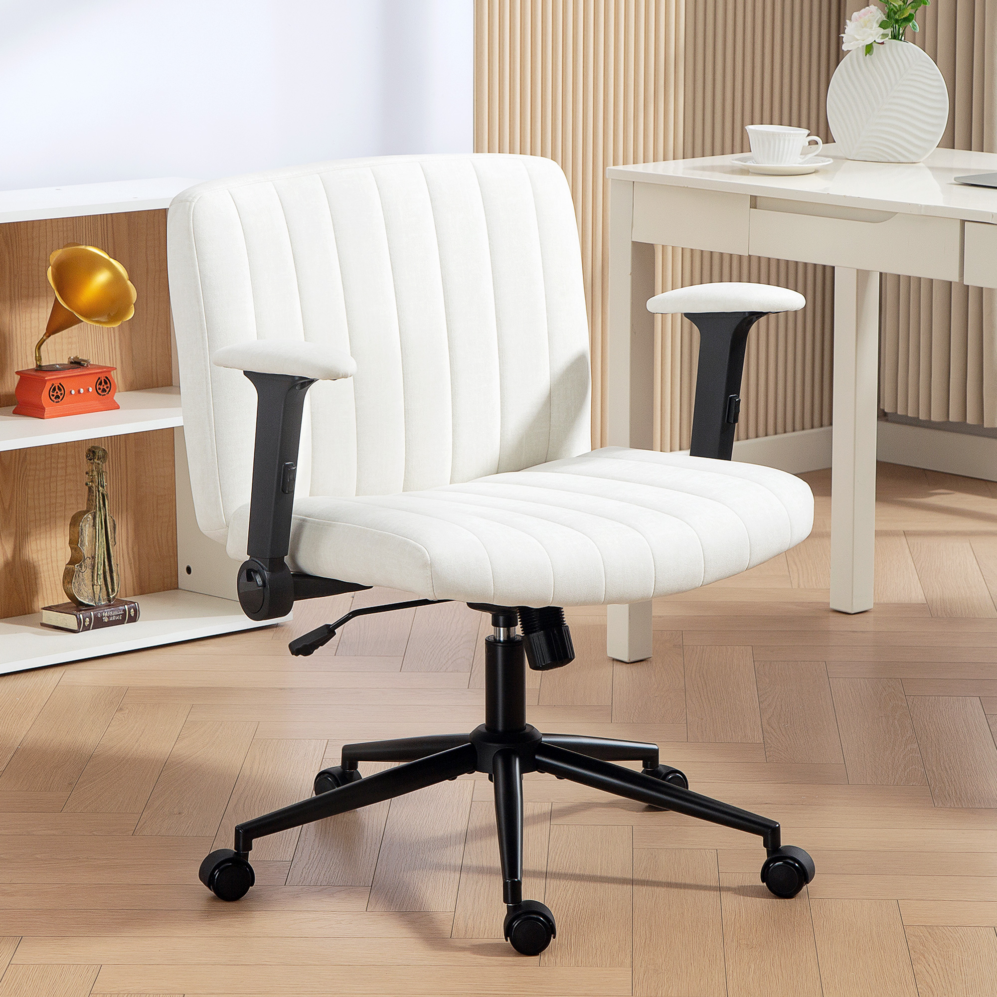 HOMCOM Criss Cross Chair with Flip-up Armrests, Wheels, Wide Office Chair with Adjustable Height, Tilting, Cream White Aosom Canada