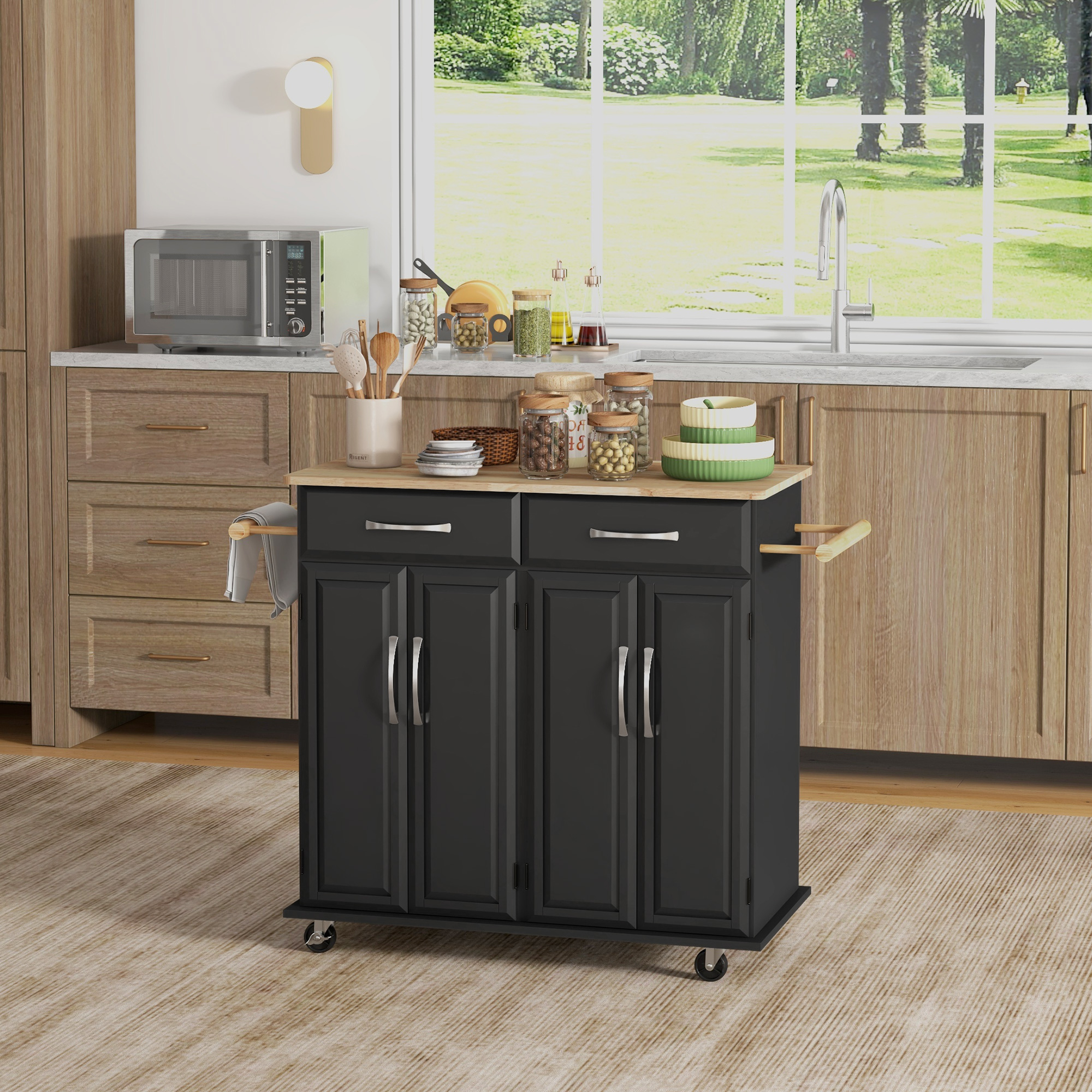 HOMCOM Kitchen Island on Wheels Rubberwood Top Rolling Cart 2 Drawers 4 Doors Adjustable Shelves Mobile Storage Furniture Aosom Canada