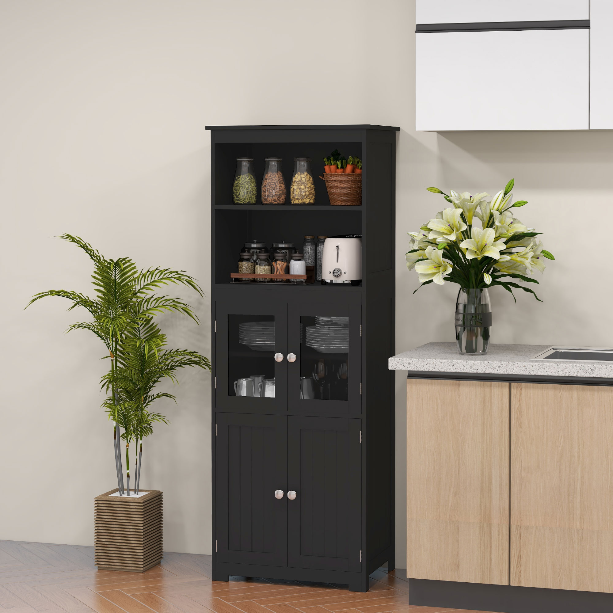 HOMCOM Black 63" Small Kitchen Hutch: 4-Door Pantry Storage Cabinet with Adjustable Shelf for Dining Room Aosom Canada