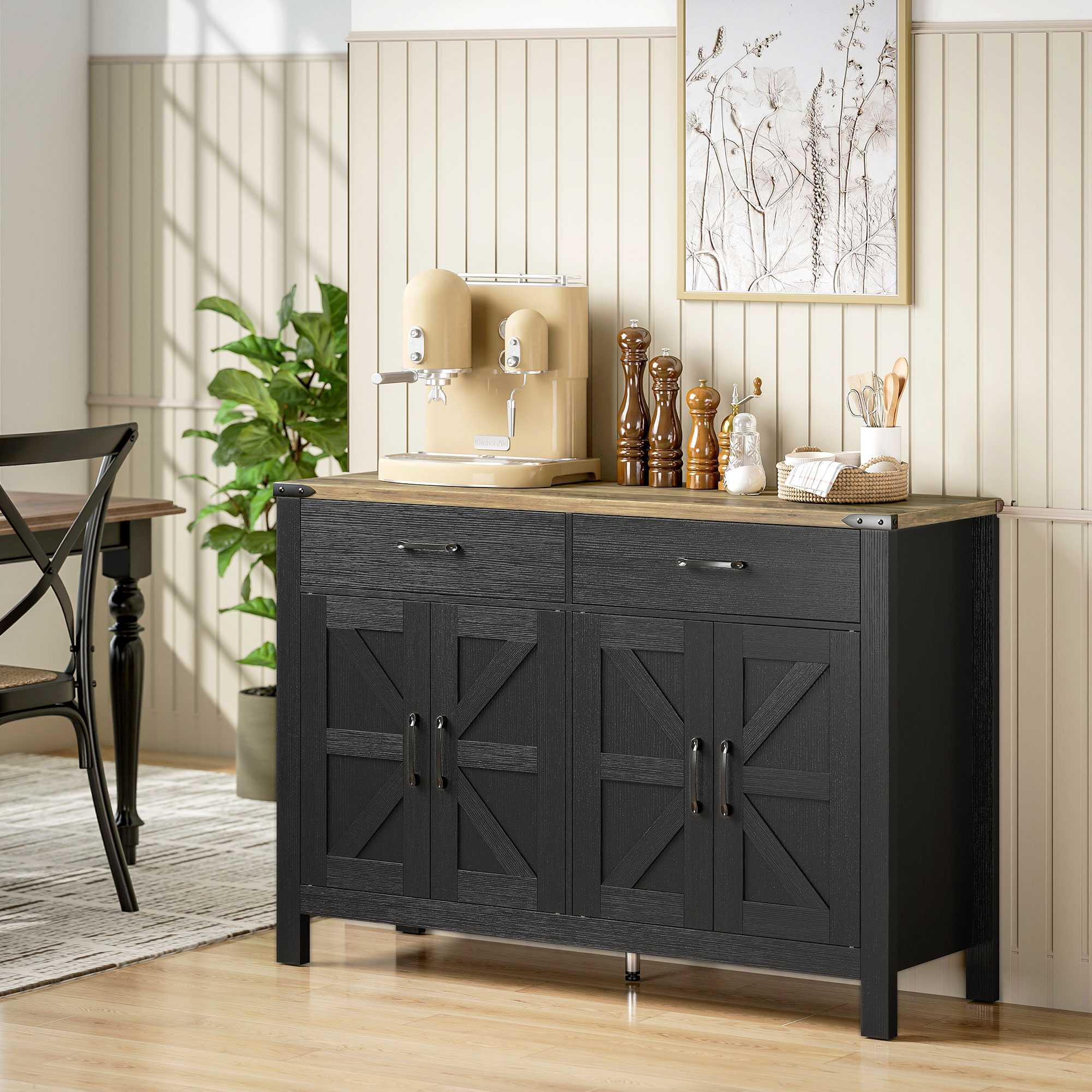 HOMCOM 47" Sideboard Buffet Cabinet, Farmhouse Kitchen Storage Cabinet with 2 Drawers and Shelves for Living Room, Black Aosom Canada