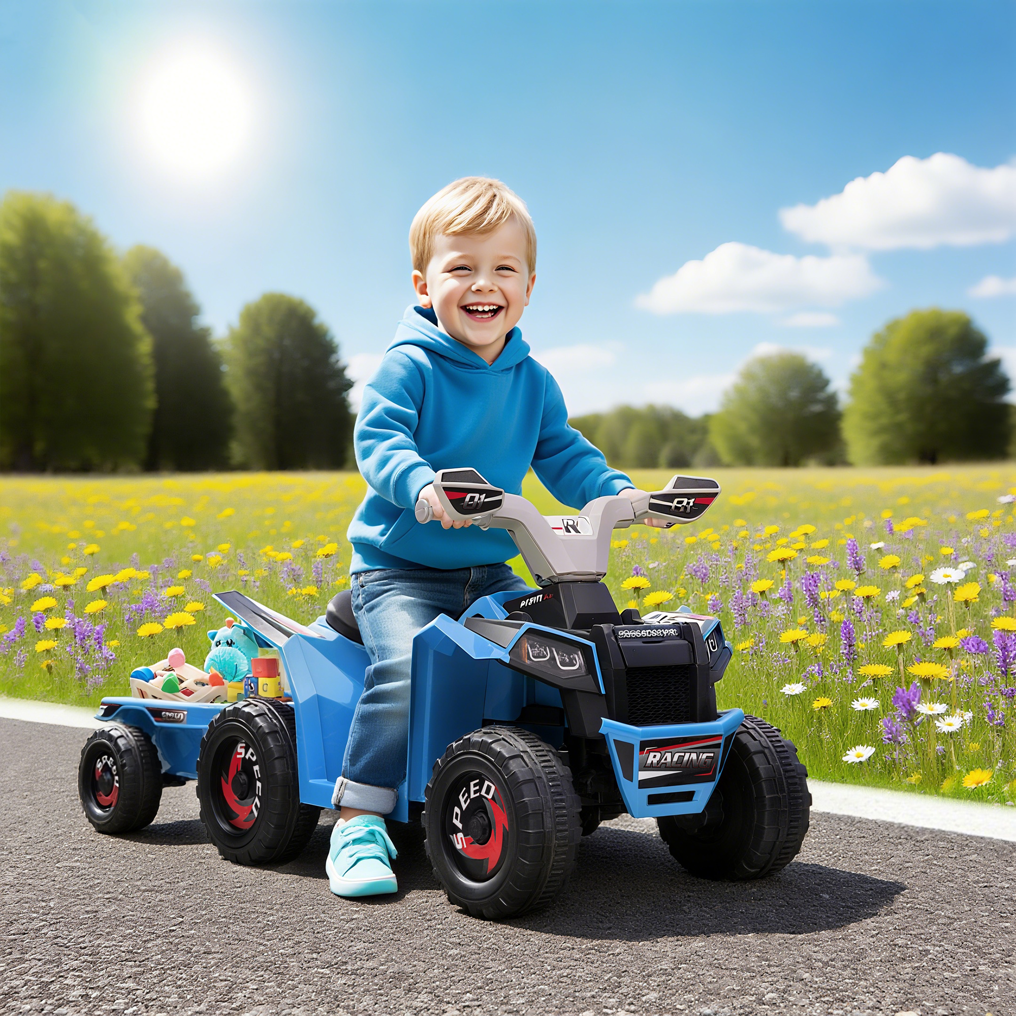 Aosom 6V Kids ATV Quad Battery Powered Electric Vehicle Back Trailer Wear-resistant Wheels Boys Girls Blue Toy Aosom Canada