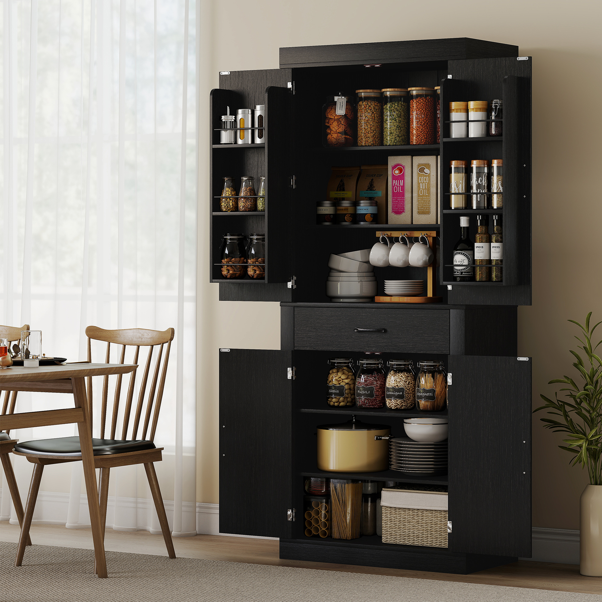 HOMCOM 72" Kitchen Pantry Cabinet, Farmhouse Kitchen Storage Cabinet with 4 Barn Doors, 6 Door Shelves, Drawer, Black Aosom Canada