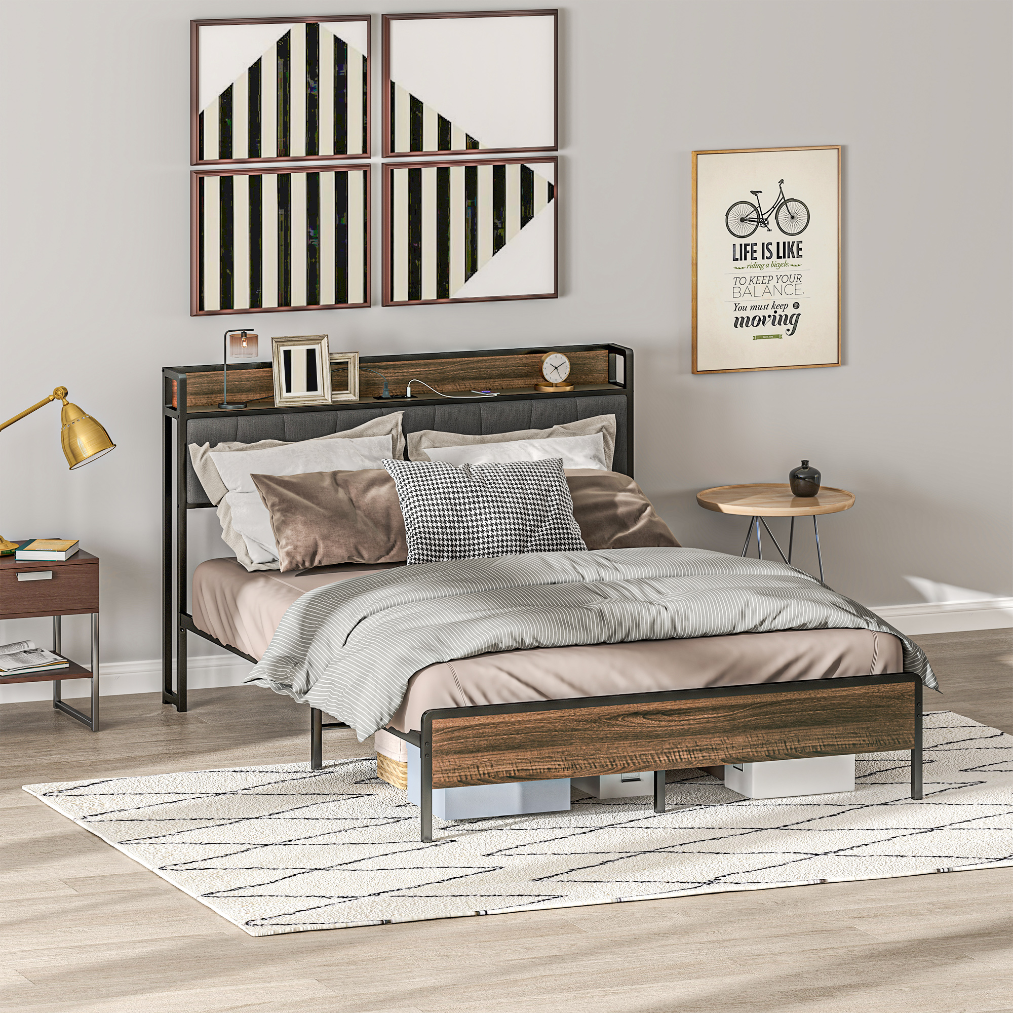 HOMCOM Queen Size Bed Frame with Charging Station, Queen Bed Frame with Upholstered Headboard and Storage Shelf, Walnut Aosom Canada