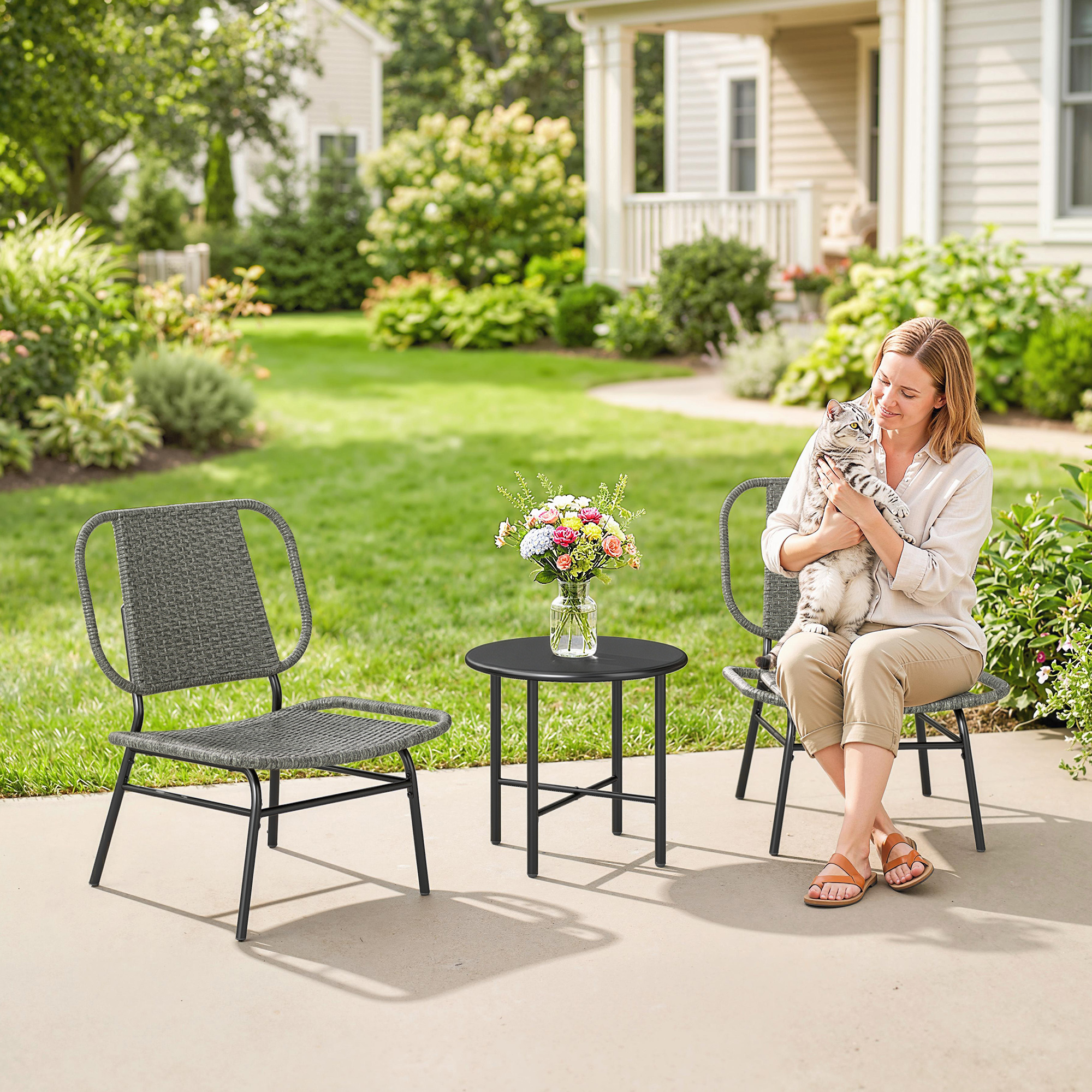 Outsunny 3 Piece Wicker Patio Furniture Set, Outdoor Bistro Set with Steel Table, Rattan Outdoor Conversation Furniture, Grey Aosom Canada