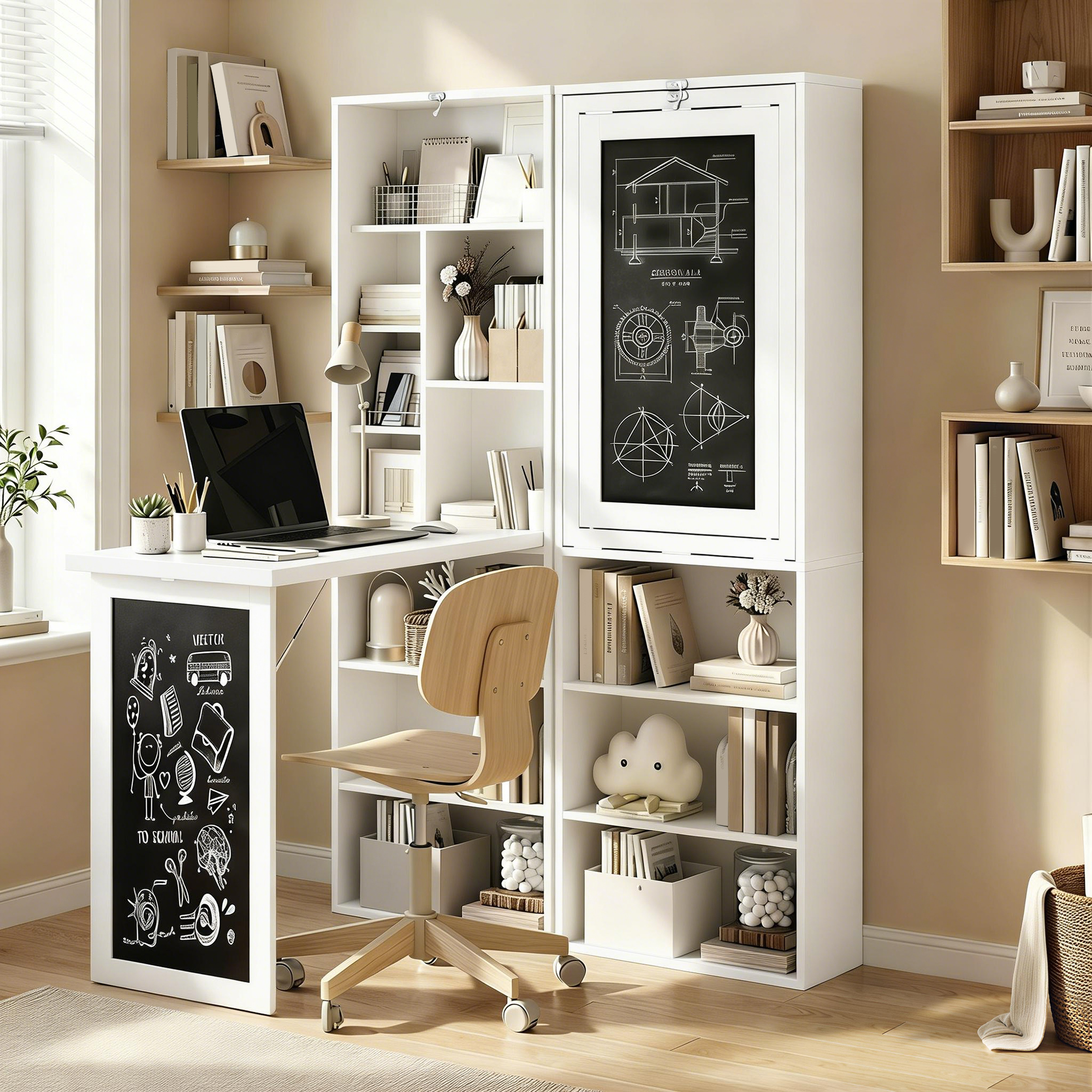 HOMCOM Fold-out Convertible Office Desk, Wall Mount Computer Desk with Blackboard and Side Shelf, White Aosom Canada