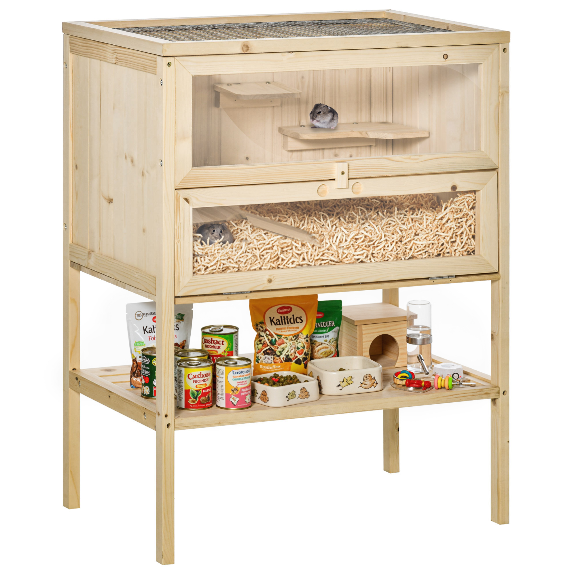 PawHut 3-Tier Wooden Hamster Cage Mice and Rat Cage Small Animals Hutch with Openable Top, Front Door, Shelf, Natural Wood