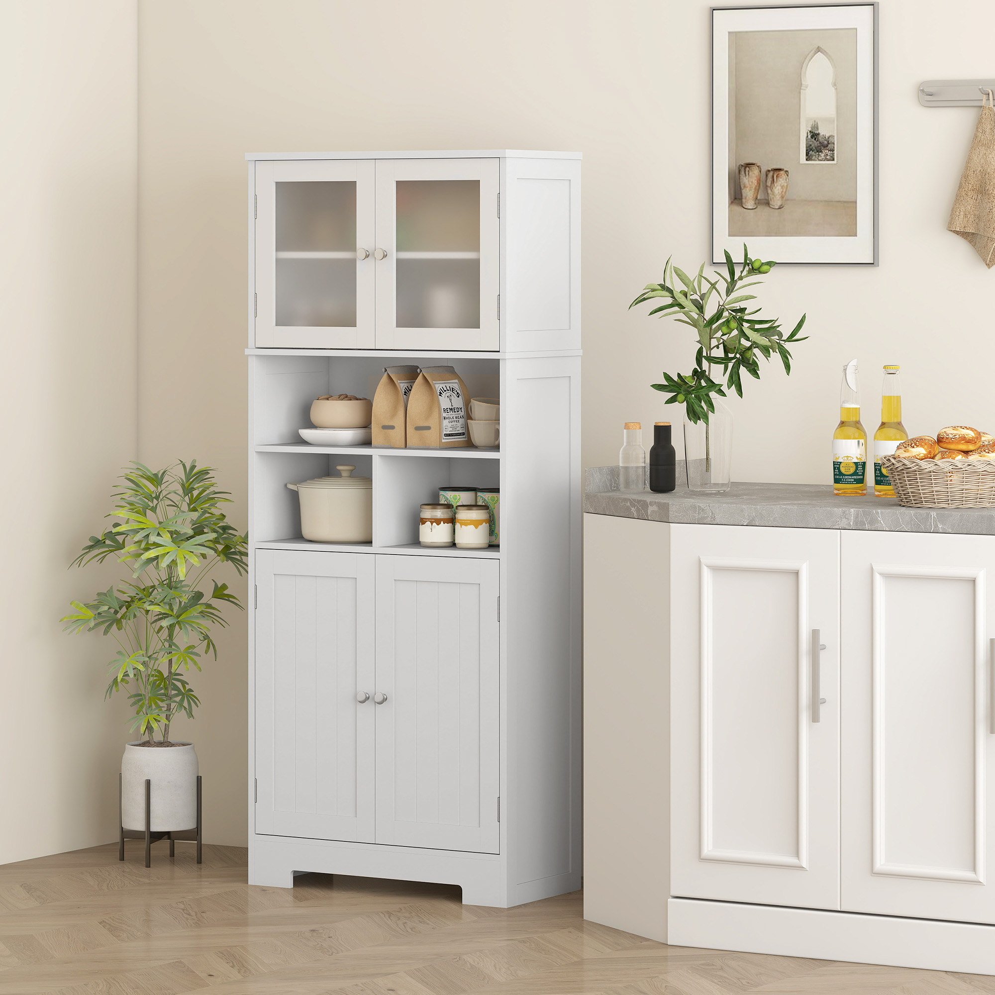 HOMCOM 57" Kitchen Pantry, Freestanding Pantry Storage Cabinet with Glass Doors, Adjustable Shelves, Open Compartments, White Aosom Canada