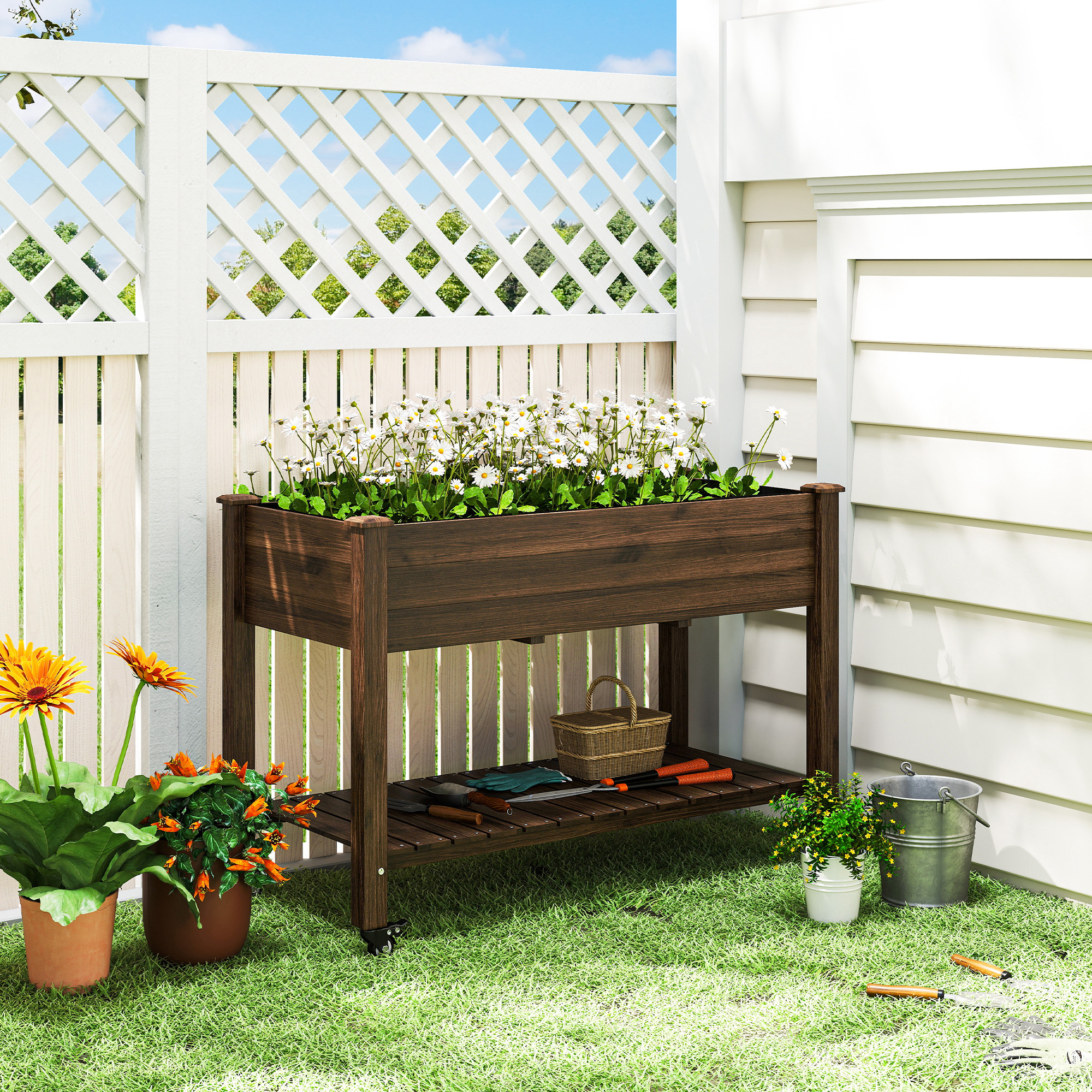Outsunny Mobile Raised Garden Bed Elevated Wood Planter Box with Lockable Wheels, Storage Shelf for Herbs Vegetables, Carbonized Aosom Canada