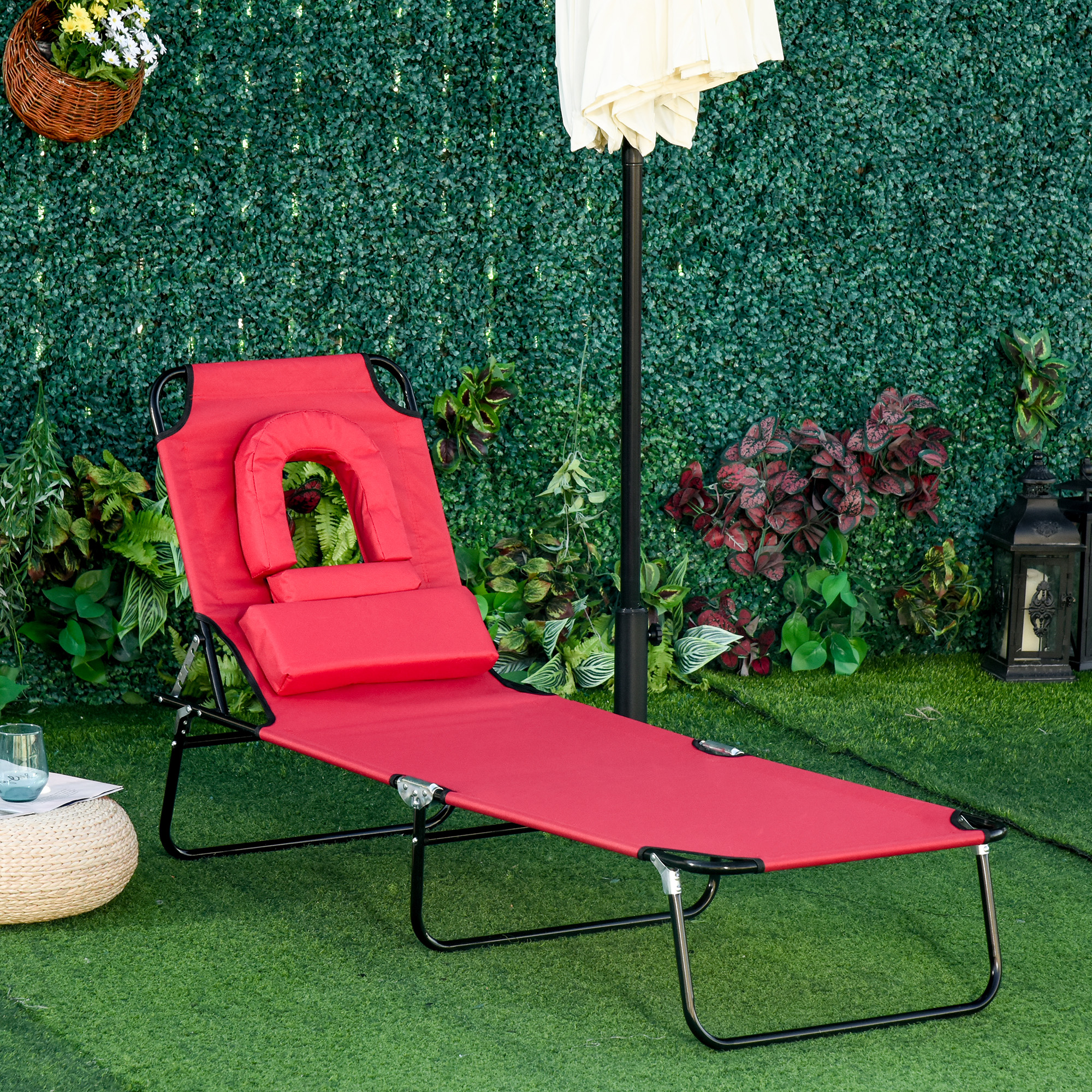 Outsunny Adjustable Sun Lounger with Reading Hole Folding Outdoor Recliner Seat for Beach Camping Red Aosom Canada